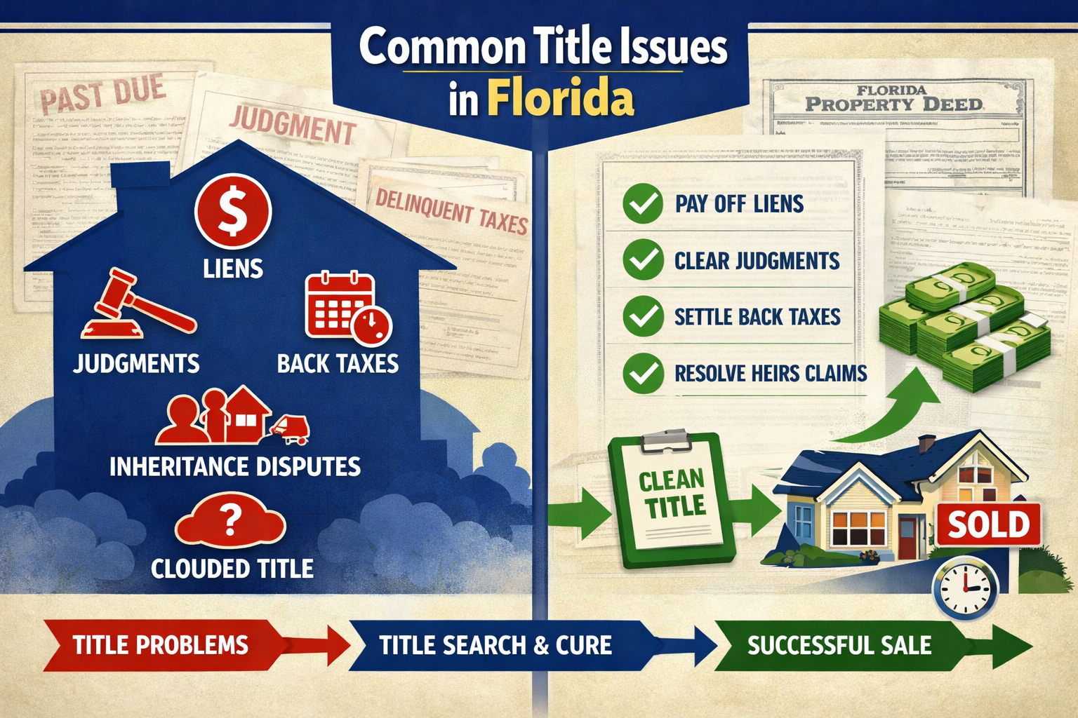 Detailed landscape infographic (1536x1024) showing common Florida title issues affecting property sales. Split-screen composition: left side
