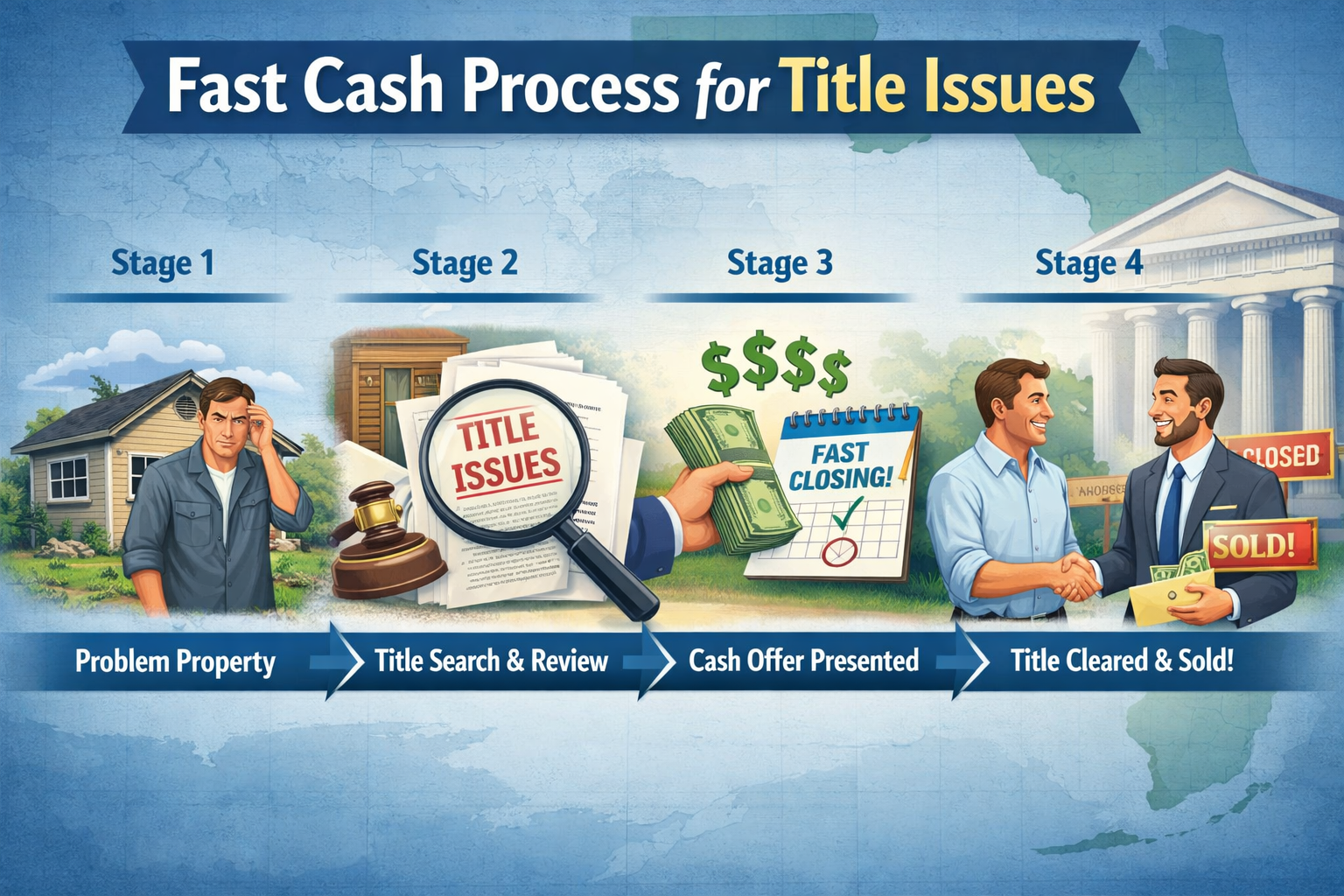 Detailed landscape illustration (1536x1024) depicting the cash buyer process for Florida properties with title issues. Visual flowchart show