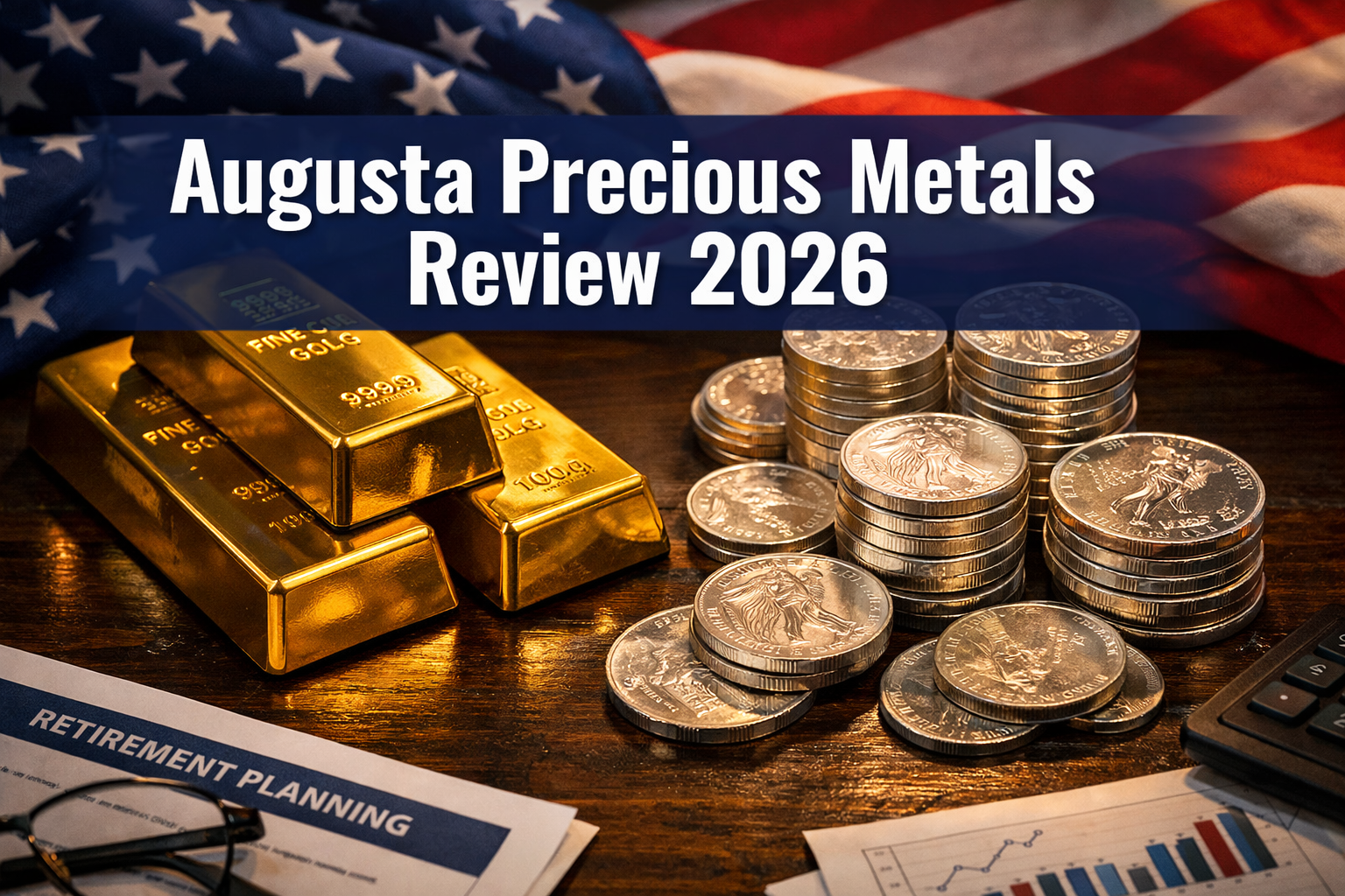 Professional landscape format (1536x1024) hero image featuring bold text overlay 'Augusta Precious Metals Review 2026' in extra large 72pt w