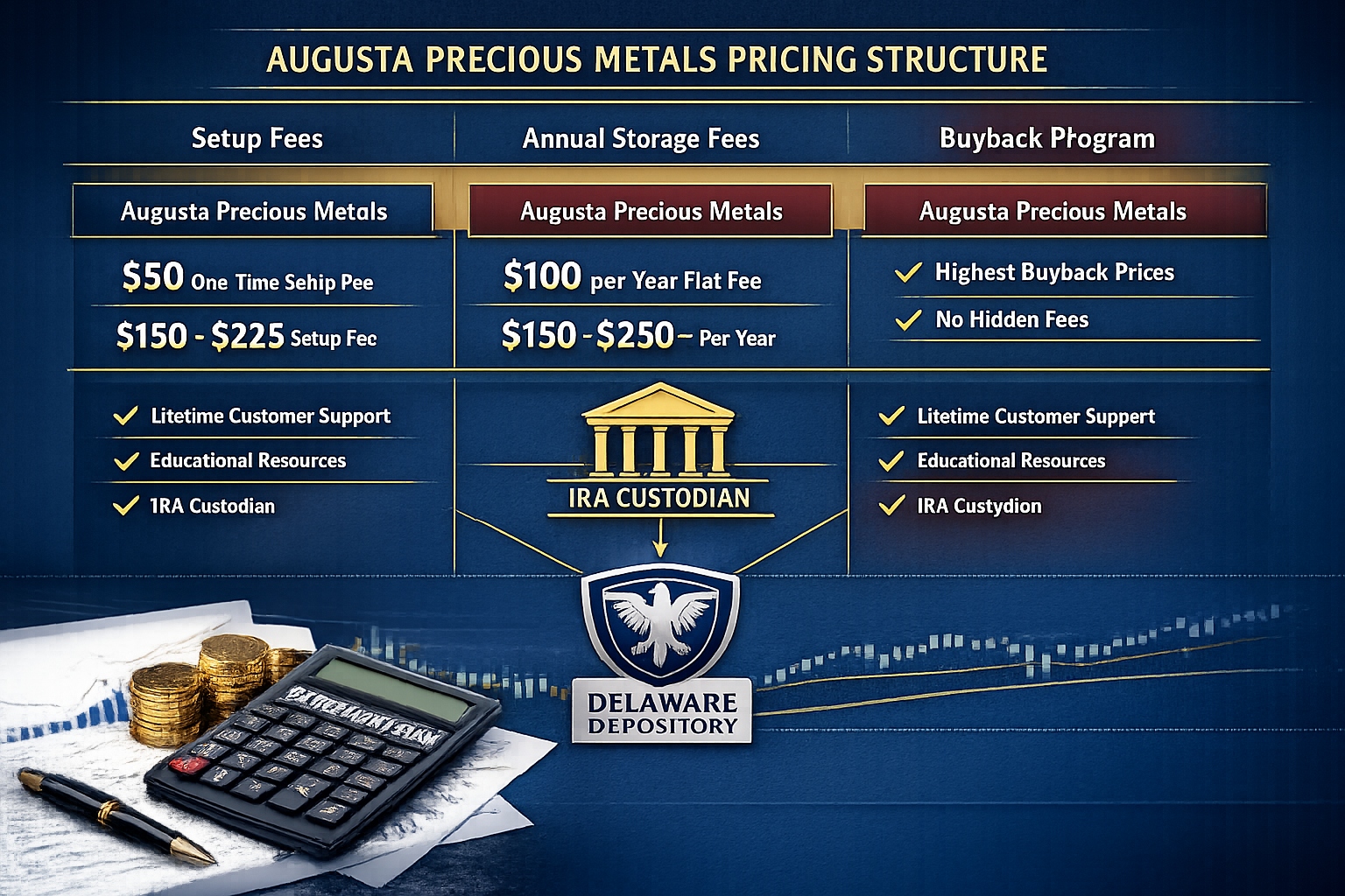 Landscape format (1536x1024) comparison table visualization showing Augusta Precious Metals pricing structure with three columns: setup fees