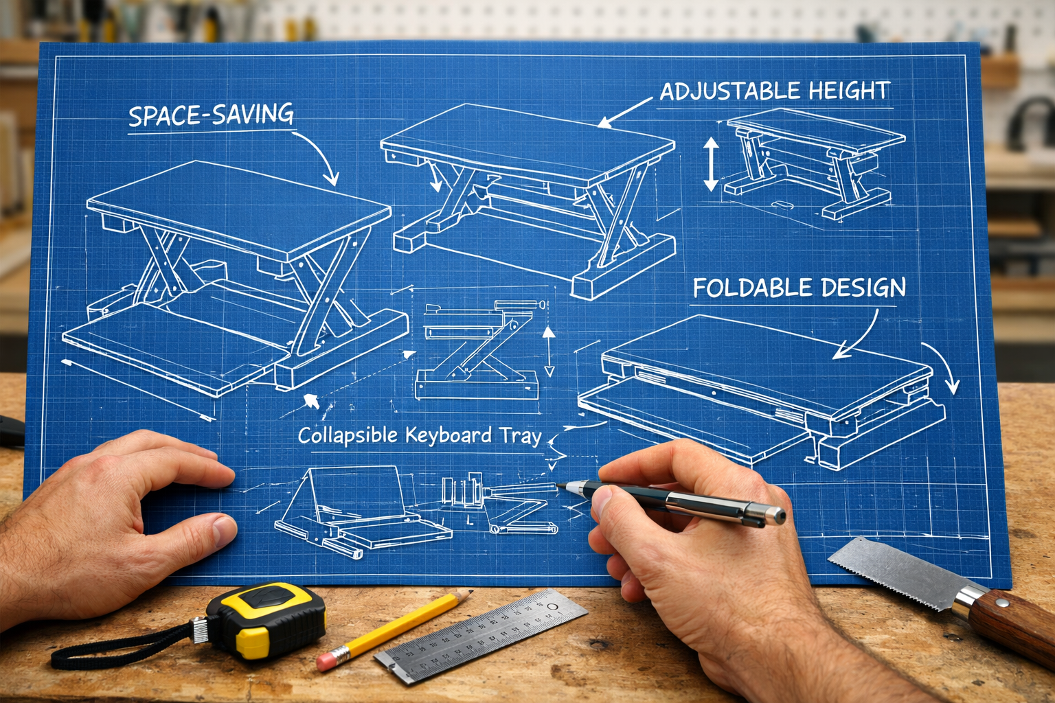 Detailed () image featuring a blueprint of a compact, convertible standing desk converter design, highlighting modular