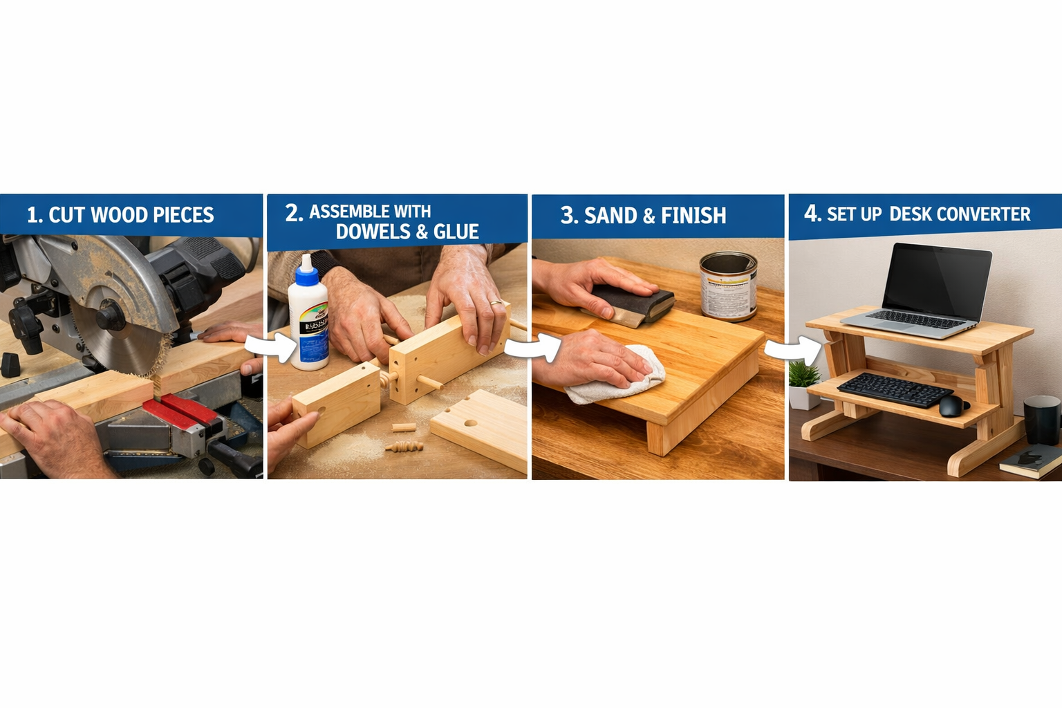 Detailed () image showcasing a sequence of four clear, labeled steps for assembling a wooden standing desk converter. Each