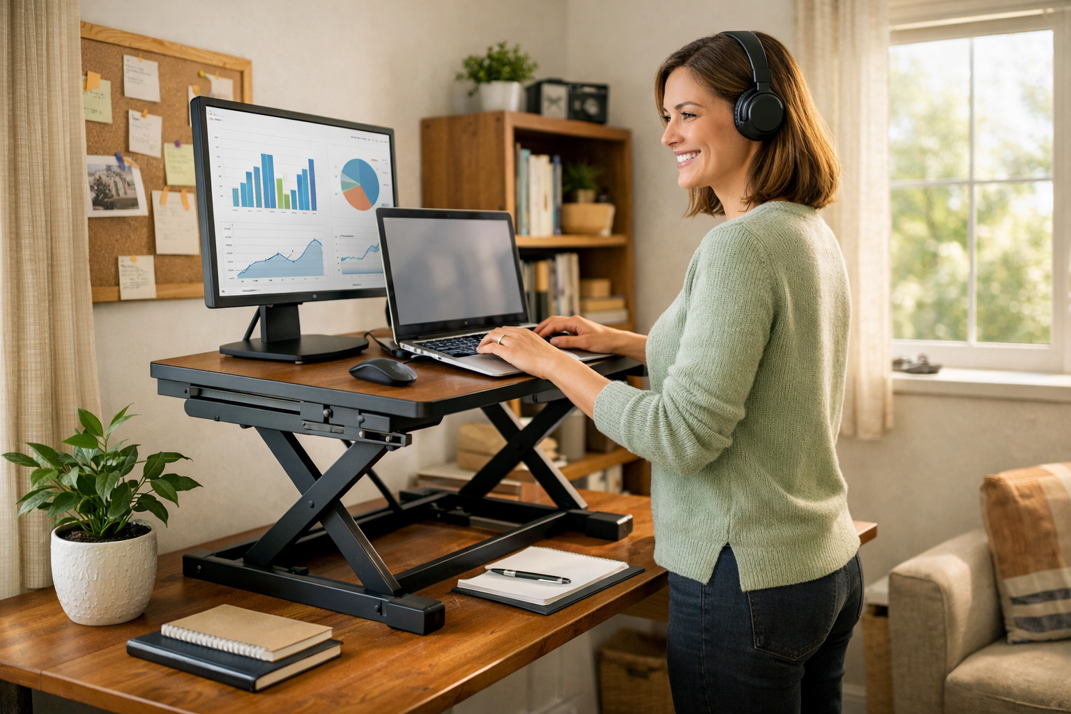 Detailed () image depicting a person comfortably working at a compact standing desk converter in a cozy, well-organized