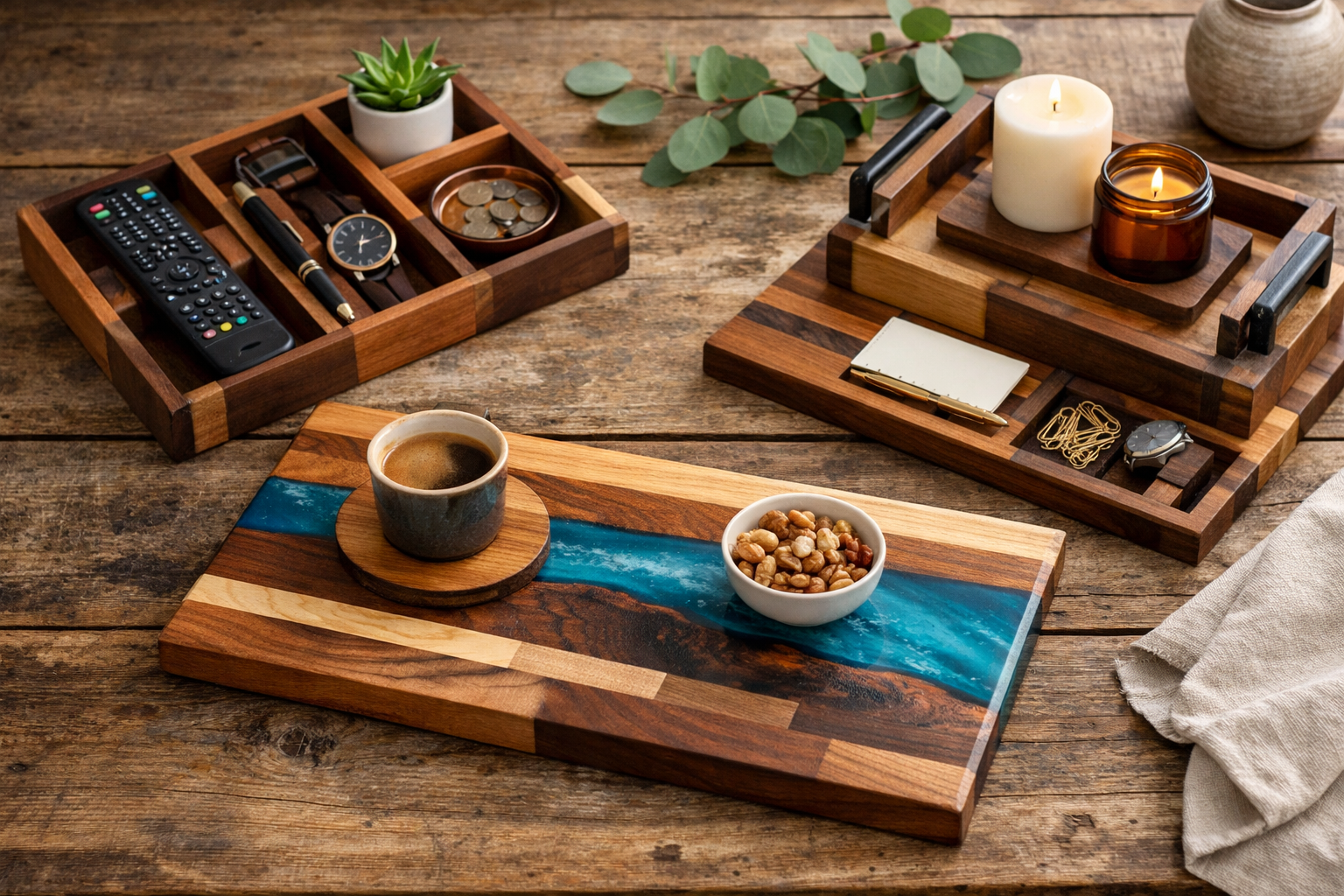 Landscape format (1536x1024) image depicting a collection of stylish wooden serving trays and organizers. The trays are made from different 