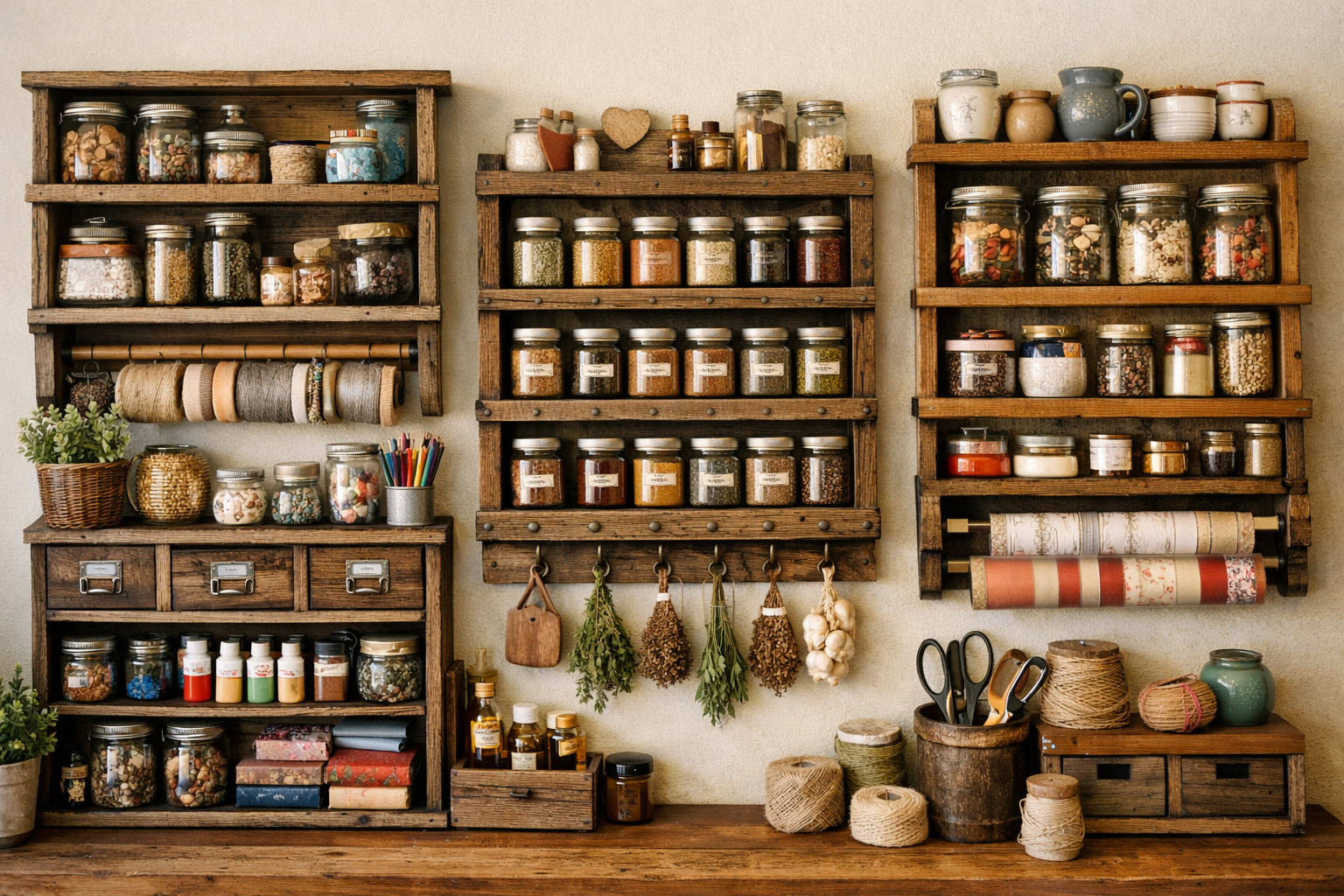 Landscape format (1536x1024) image showcasing a beautifully organized craft room or kitchen pantry, featuring various wall-mounted wooden sh