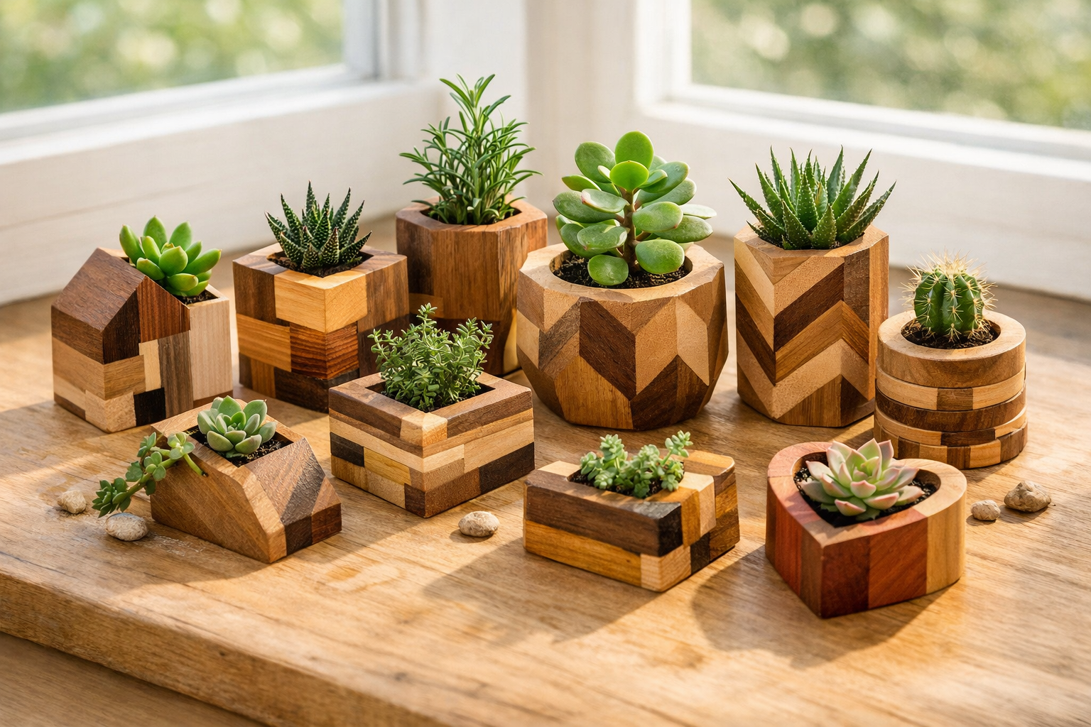 Landscape format (1536x1024) image illustrating a vibrant array of small, decorative wooden planters and succulent holders. These items are 