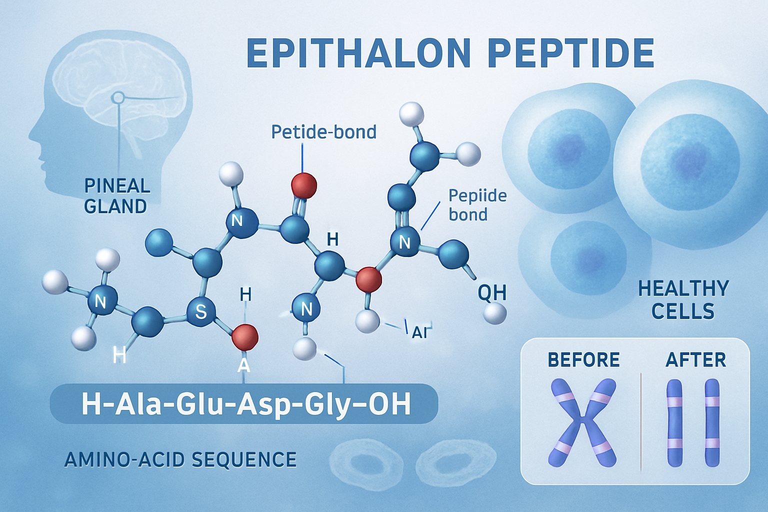 Detailed scientific illustration showing epithalon peptide molecular structure in 3D rendering with amino acid sequence highlighted, positio