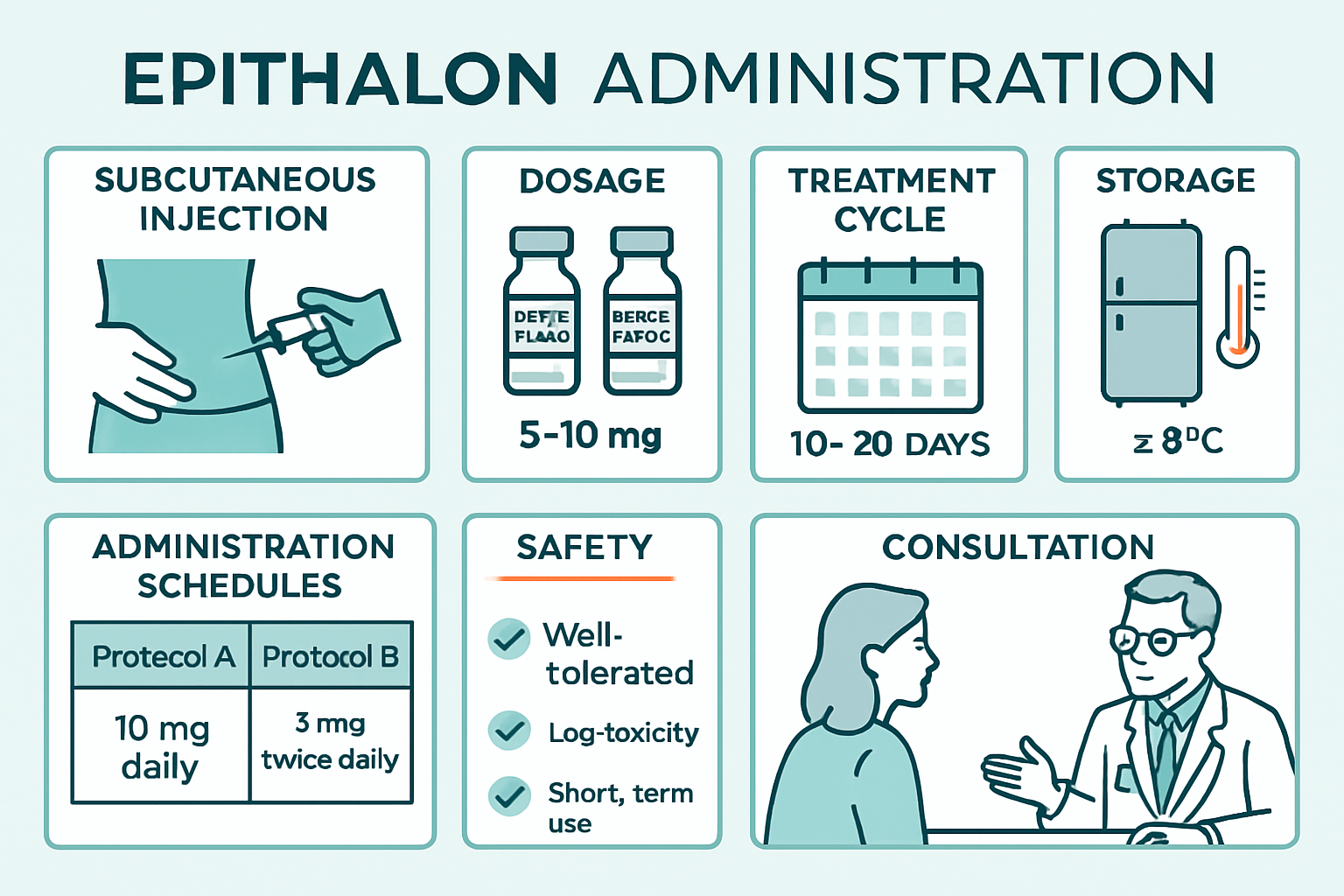 Comprehensive visual infographic displaying epithalon administration methods with clean icons showing subcutaneous injection technique, prop