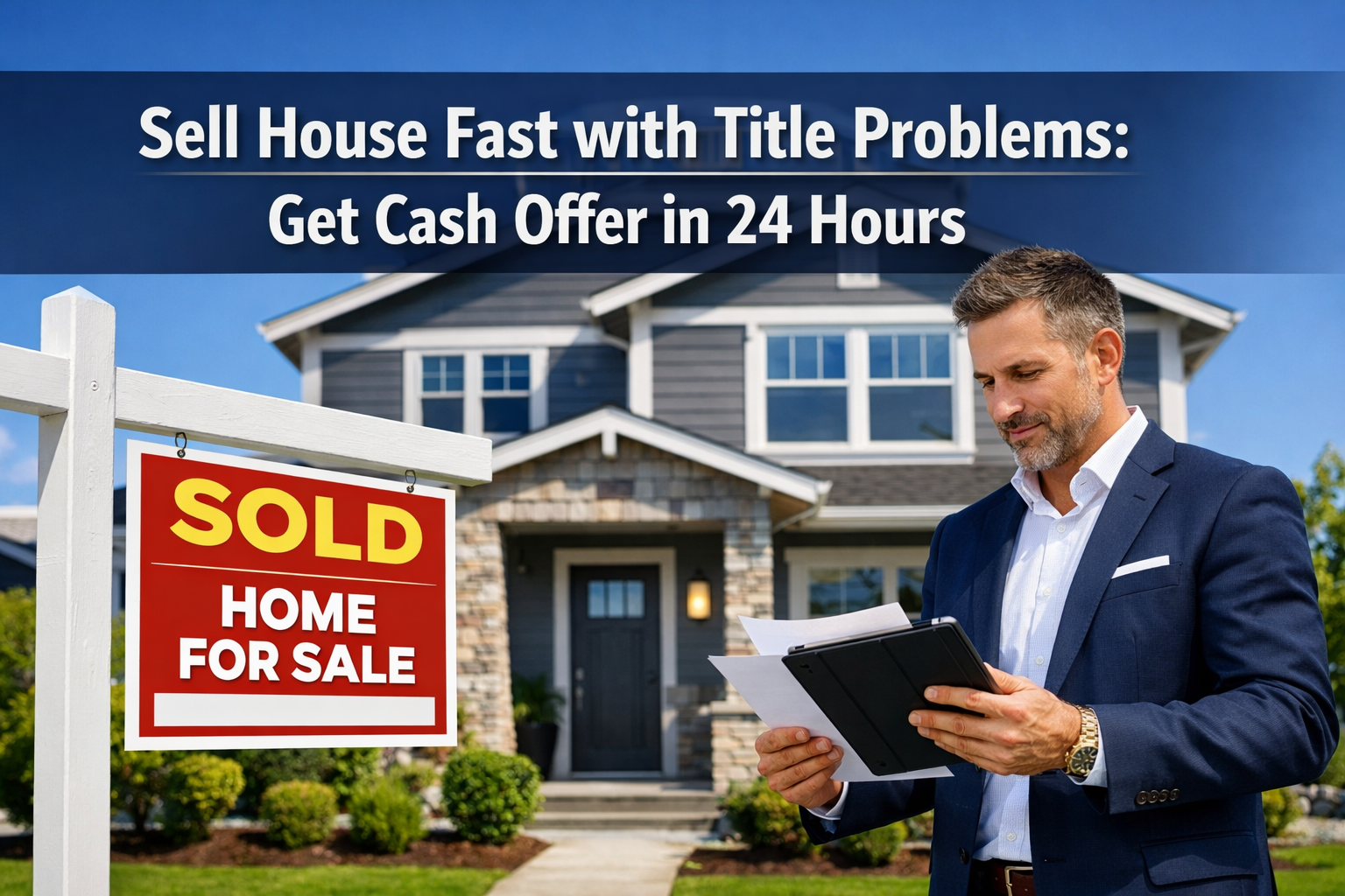 Professional landscape hero image (1536x1024) featuring bold text overlay 'Sell House Fast with Title Problems: Get Cash Offer in 24 Hours' 