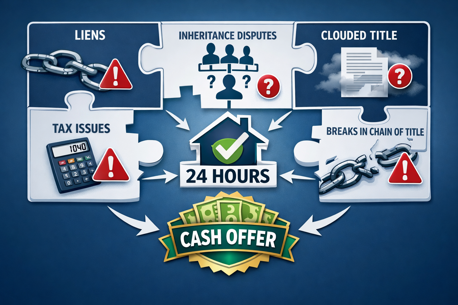 Detailed infographic illustration (1536x1024) showing common title problems as interconnected puzzle pieces with missing sections, including