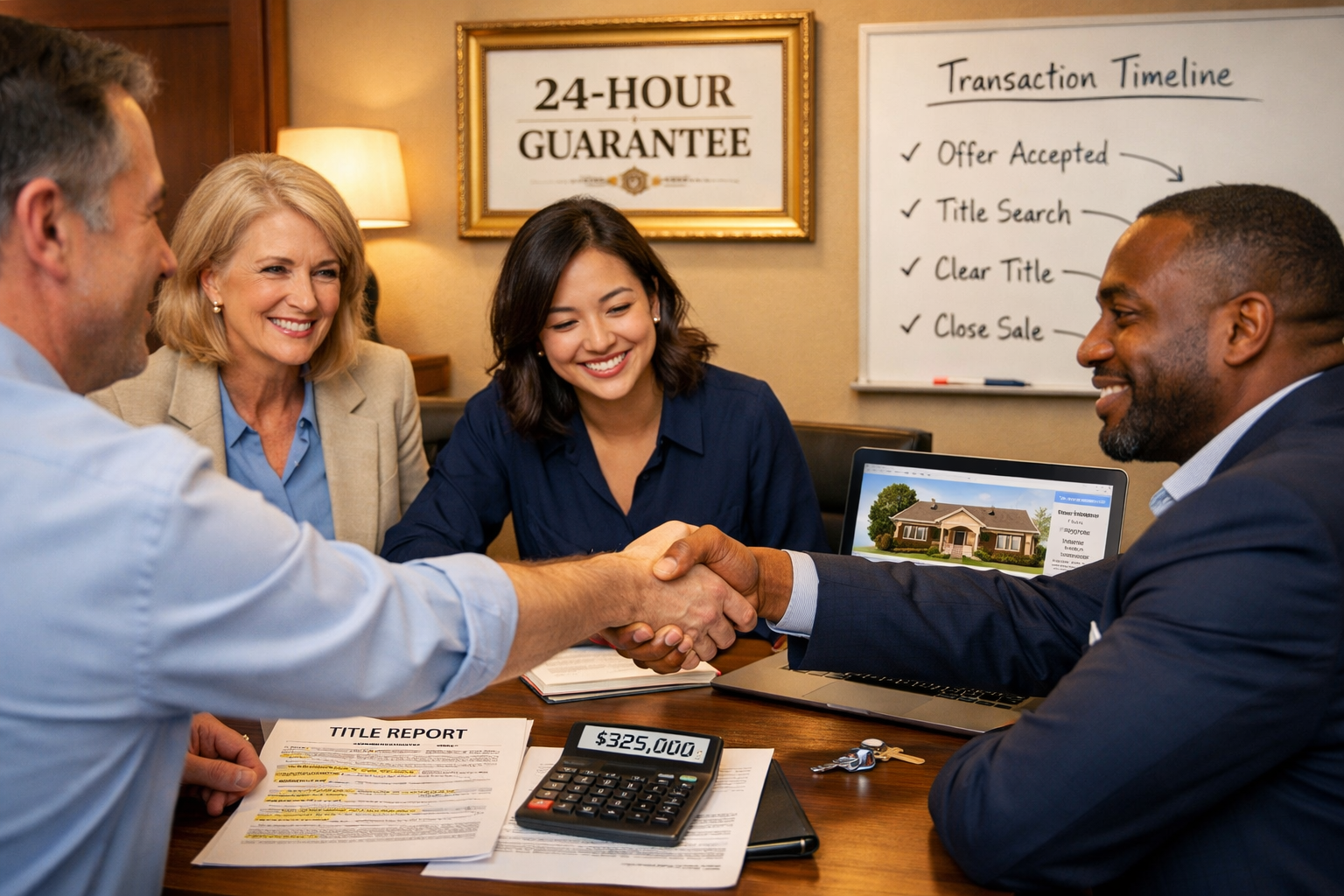Professional landscape photograph (1536x1024) depicting friendly real estate transaction scene with diverse professional team reviewing prop