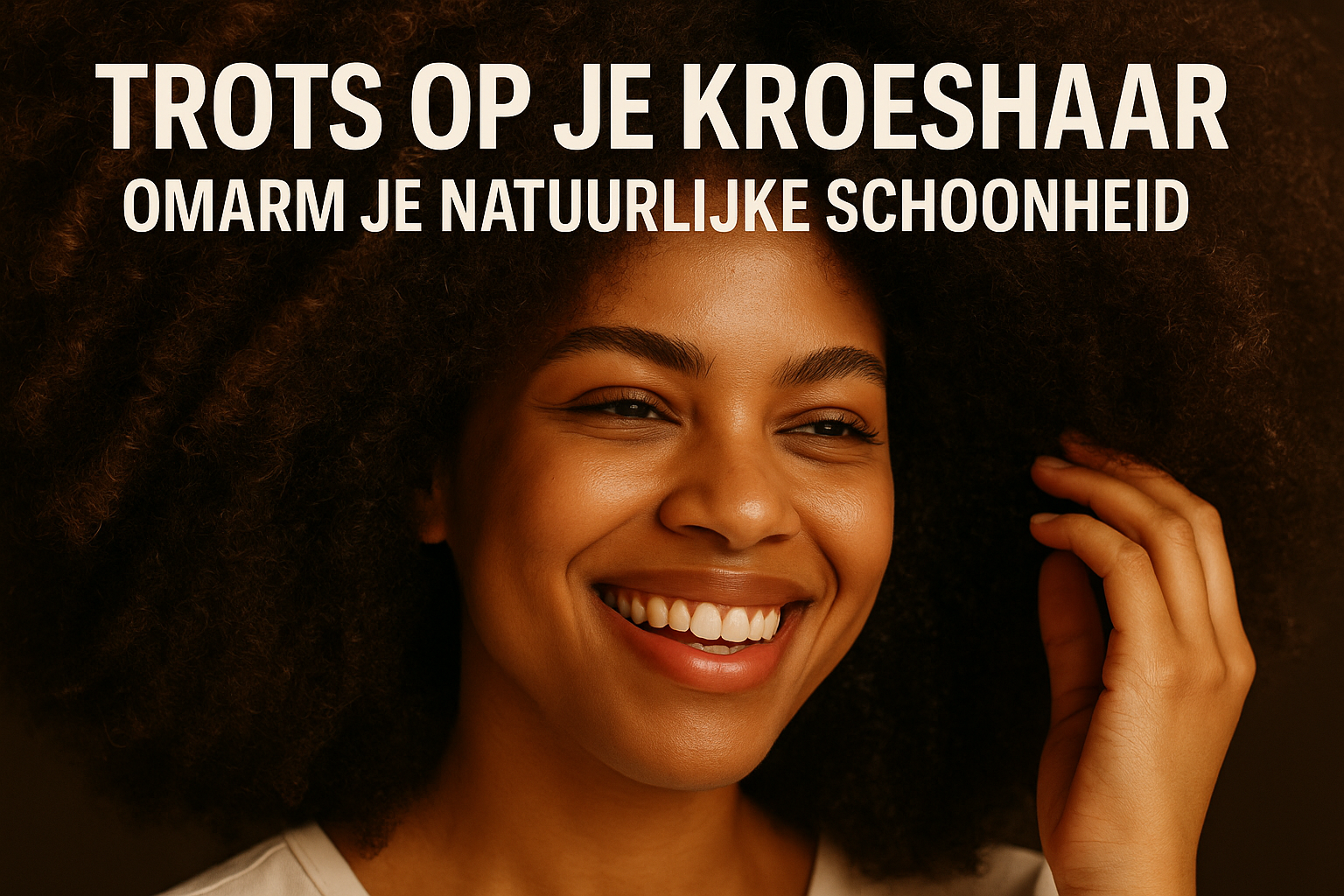 Hoe Trots te Zijn op je Kroeshaar: Een Reis naar Zelfacceptatie en Natuurlijke Schoonheid 1 Professional landscape hero image (1536x1024) featuring bold text overlay 'Trots op je Kroeshaar: Omarm je Natuurlijke Schoonheid' in extra