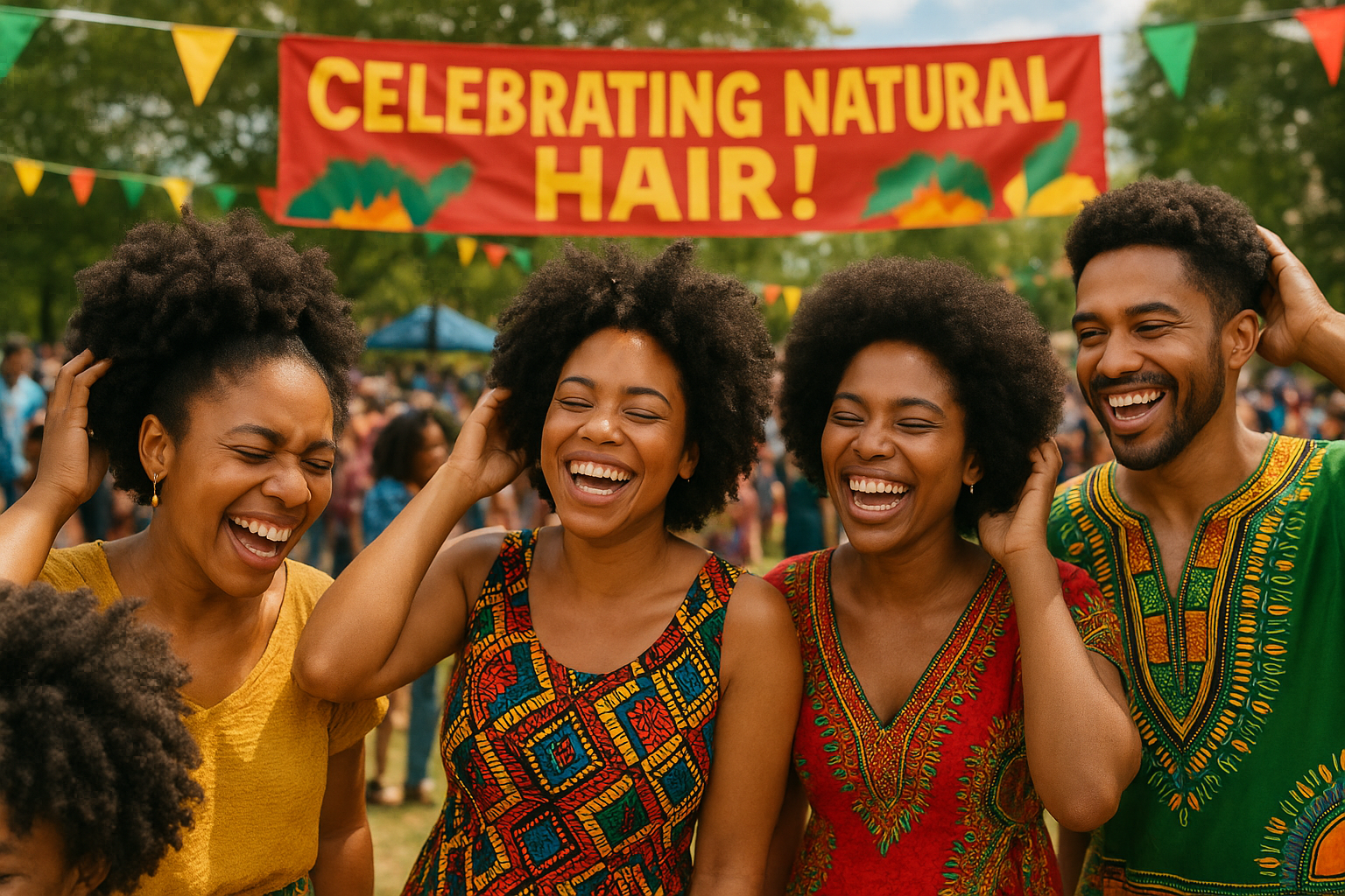 Hoe Trots te Zijn op je Kroeshaar: Een Reis naar Zelfacceptatie en Natuurlijke Schoonheid 2 Editorial landscape image (1536x1024) showing diverse group of women and men with various kroeshaar textures (4A, 4B, 4C curls) at a communi