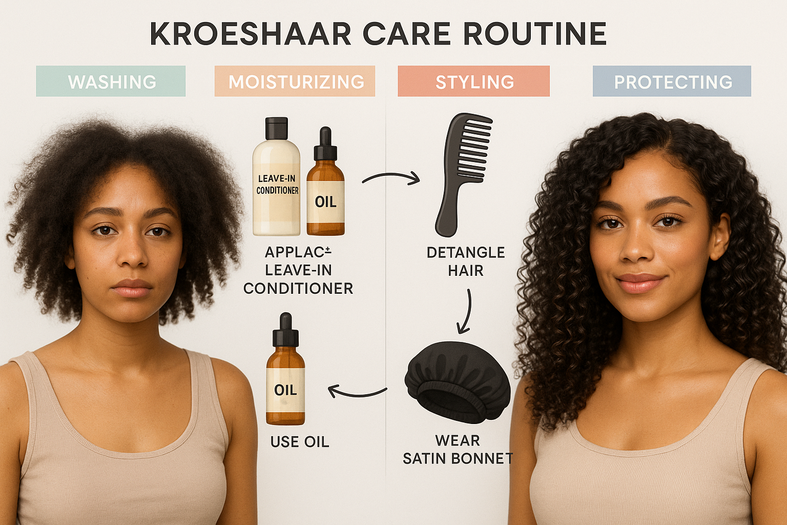 Hoe Trots te Zijn op je Kroeshaar: Een Reis naar Zelfacceptatie en Natuurlijke Schoonheid 3 Detailed infographic-style landscape image (1536x1024) displaying kroeshaar care routine with visual step-by-step guide. Split composition s