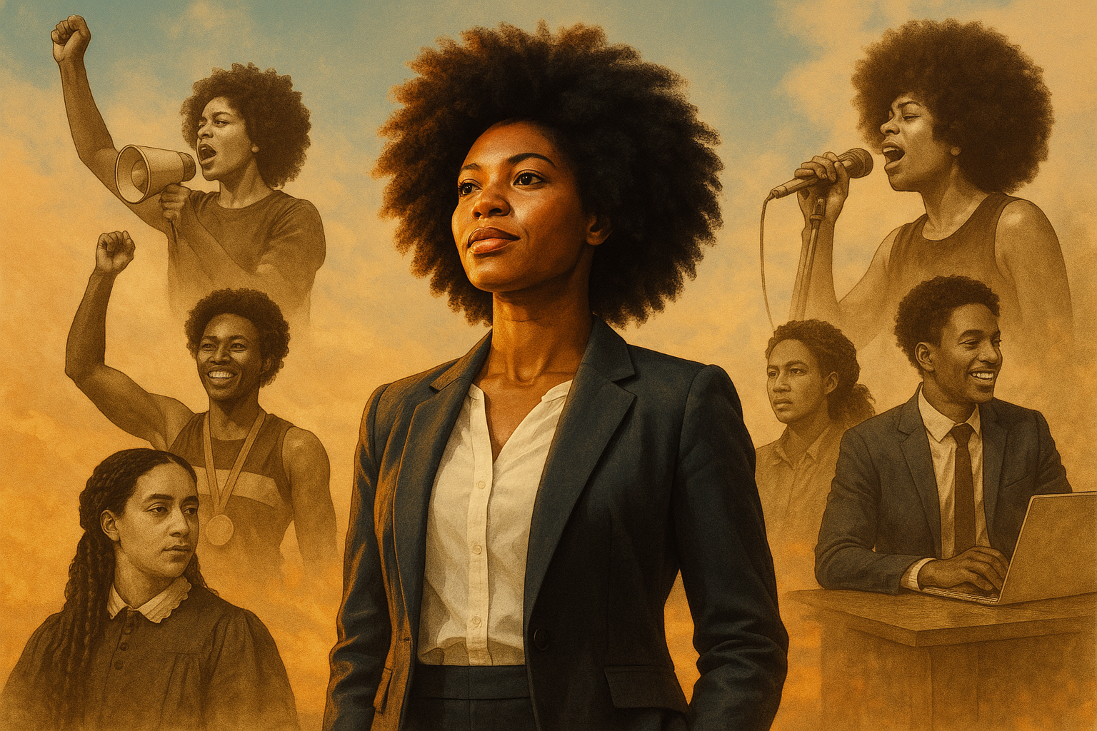 Hoe Trots te Zijn op je Kroeshaar: Een Reis naar Zelfacceptatie en Natuurlijke Schoonheid 4 Inspirational landscape image (1536x1024) featuring collage of historical and contemporary figures with natural kroeshaar in positions of po