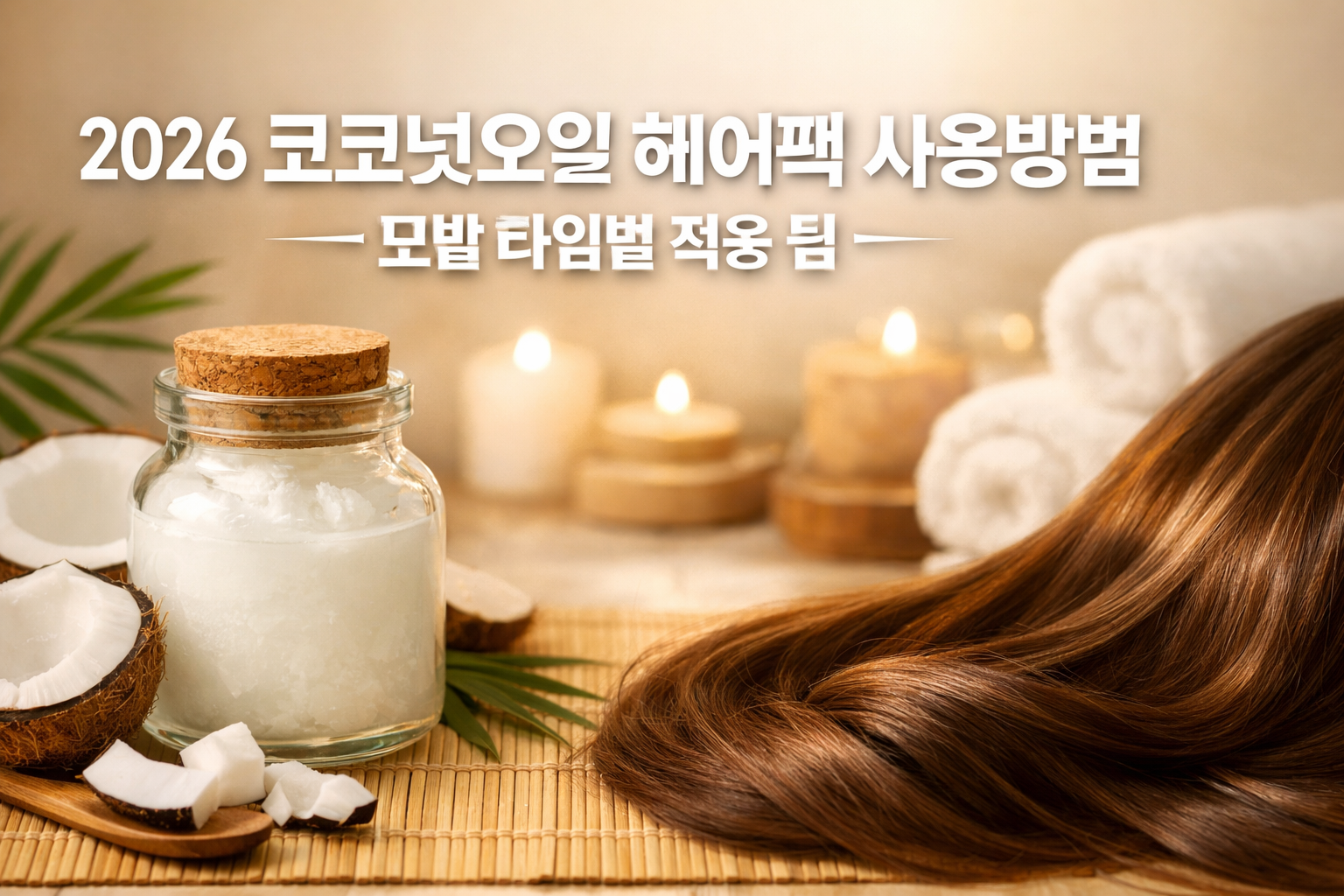 Professional landscape hero image (1536x1024) featuring bold Korean text overlay '2026 코코넛오일 헤어팩 사용방법 | 모발 타입별 적용 팁' in extra large 72pt whi