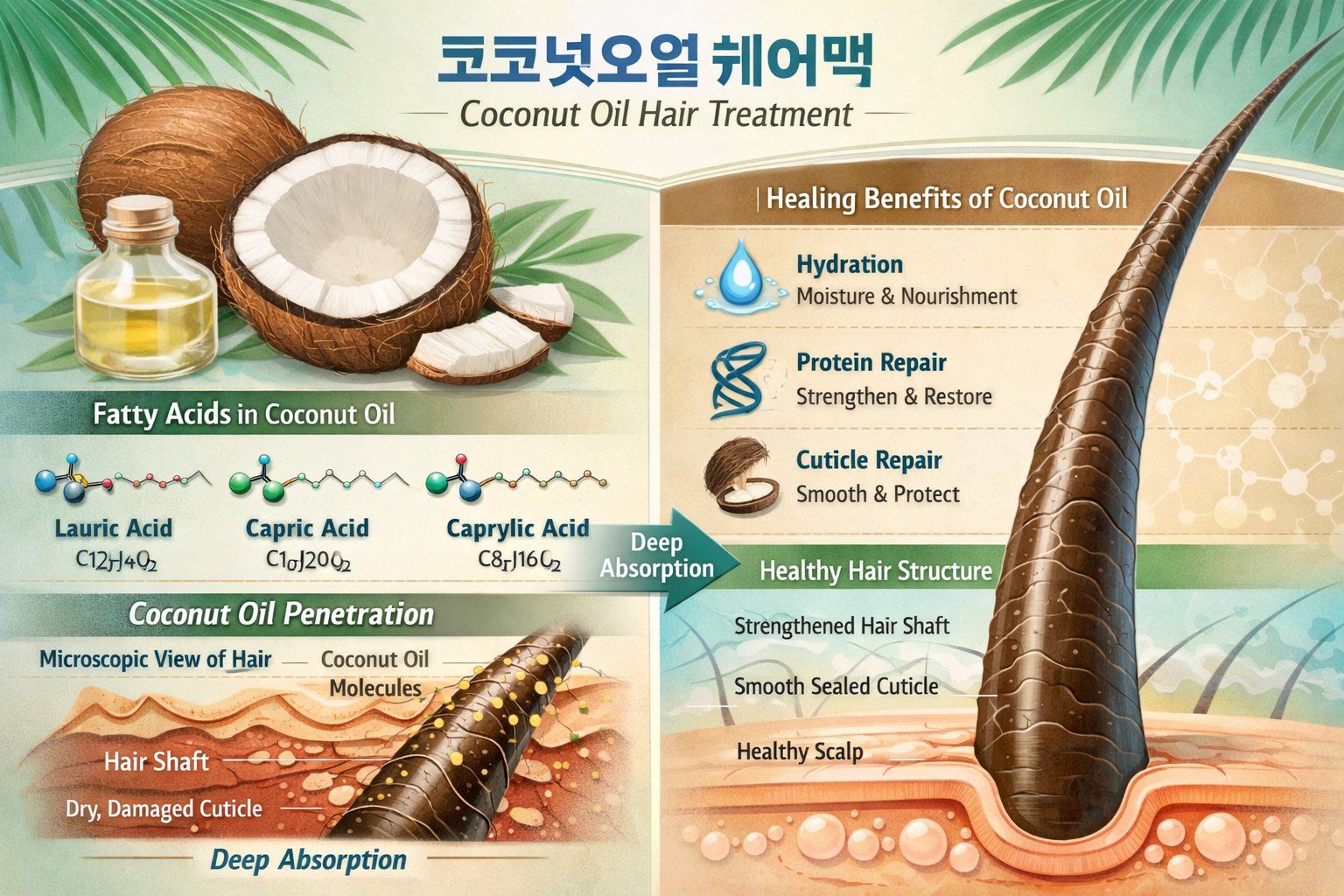Scientific infographic visualizing the molecular structure and benefits of coconut oil for hair treatment (코코넛오일 헤어팩), featuring microscopic