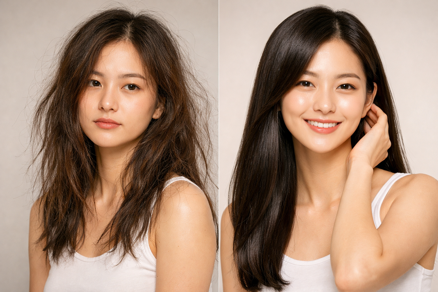 Professional before-and-after transformation split image showing hair improvement results: left side displays damaged, dry, frizzy hair with