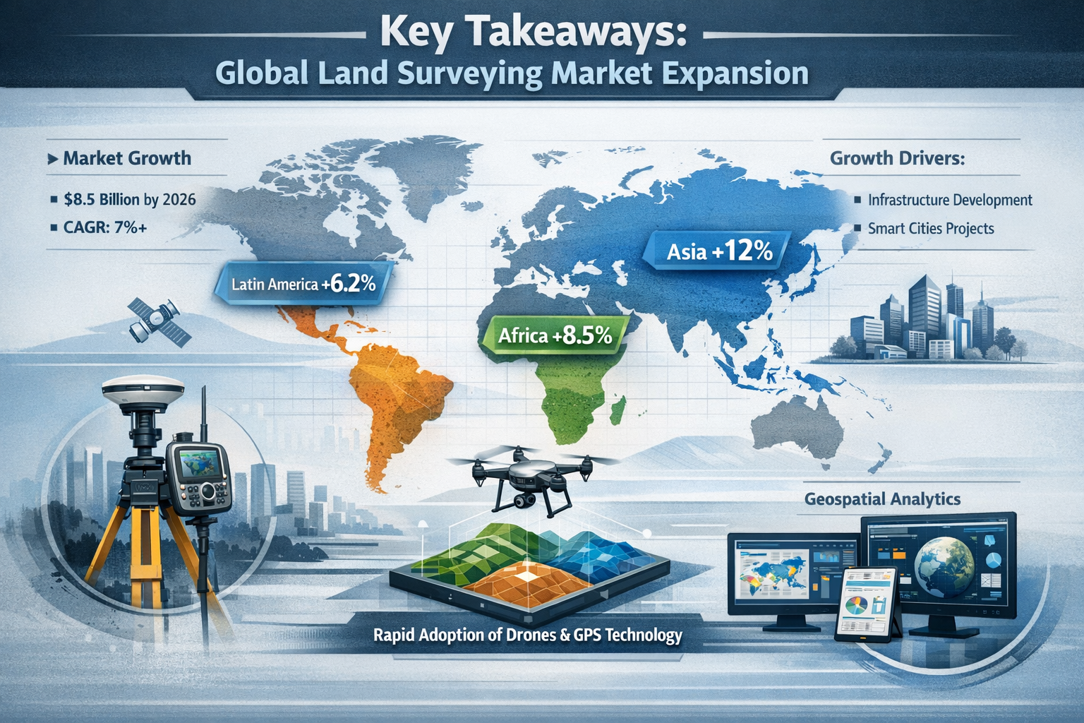 Landscape editorial infographic visualizing 'Key Takeaways' for global land surveying market expansion, featuring a world map with color-cod