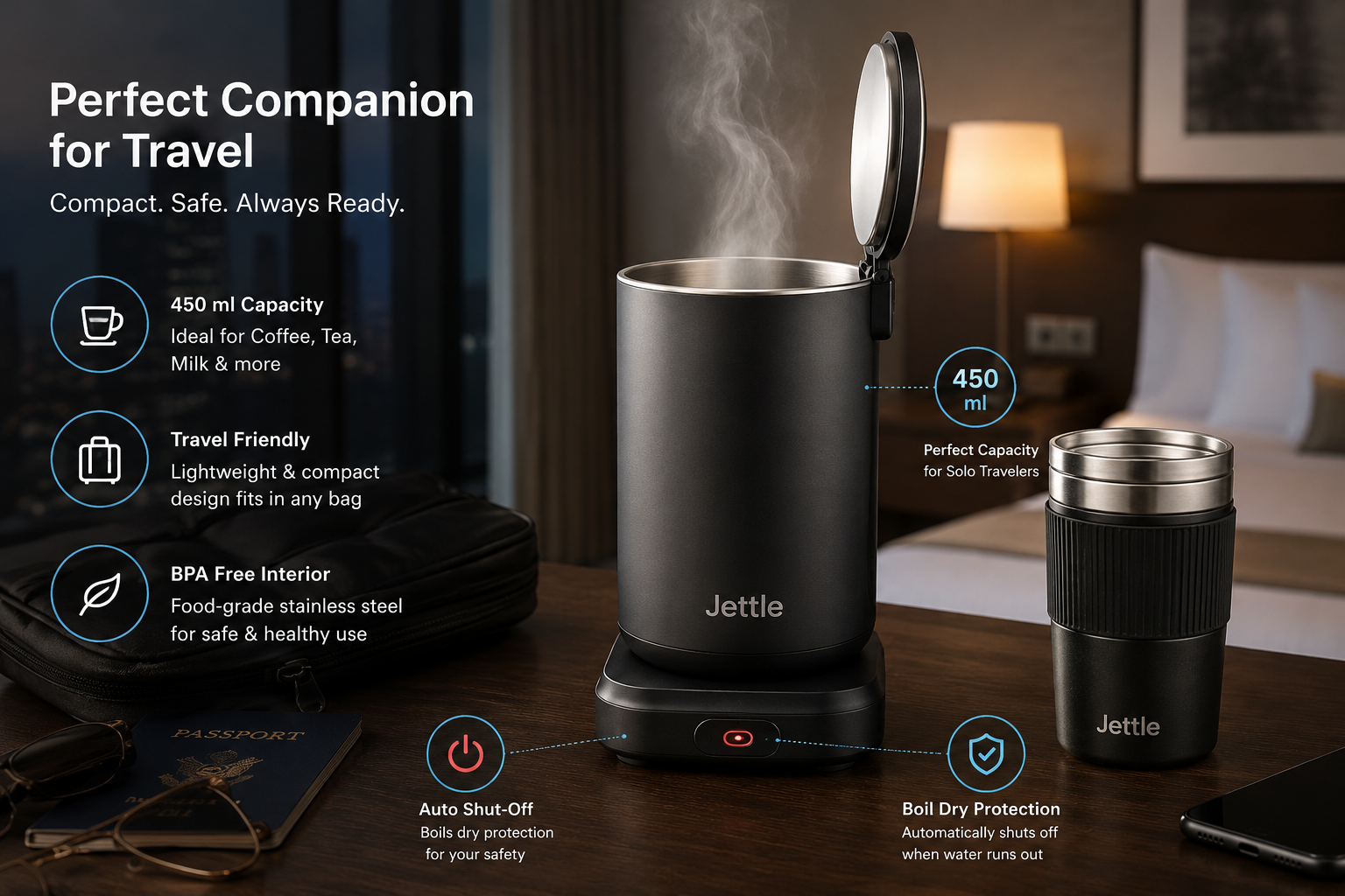Detailed showcase of Jettle Electric Kettle - Travel Portable Heater for Coffee, Tea, Milk highlighting key features in action — the kettle sitting on its power base in a hotel room setting, steam rising from the open lid, a travel mug beside it, illustrating the compact 450 ml capacity and auto shut-off safety feature Hands-On Experience: Real-World Usage Scenarios