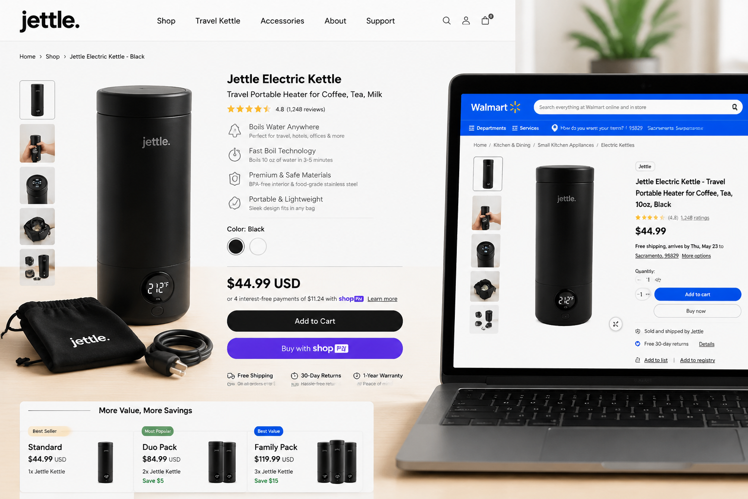 Detailed showcase of Jettle Electric Kettle - Travel Portable Heater for Coffee, Tea, Milk highlighting pricing plans and options — product displayed alongside its $44.99 USD price tag on the official Jettle Online Store webpage, with the Walmart retail listing visible on a laptop screen beside it, clean e-commerce layoutWho Should Skip the Jettle Electric Kettle?