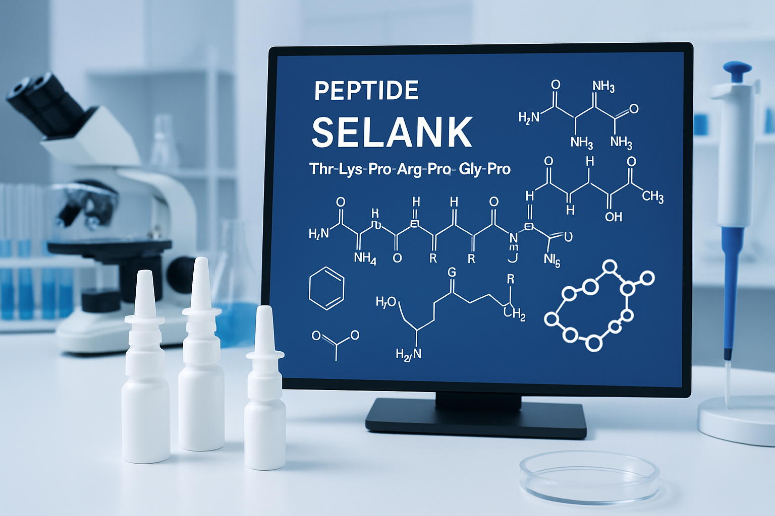 Scientific laboratory scene showing peptide molecular structure of Selank heptapeptide sequence (Thr-Lys-Pro-Arg-Pro-Gly-Pro) displayed on d