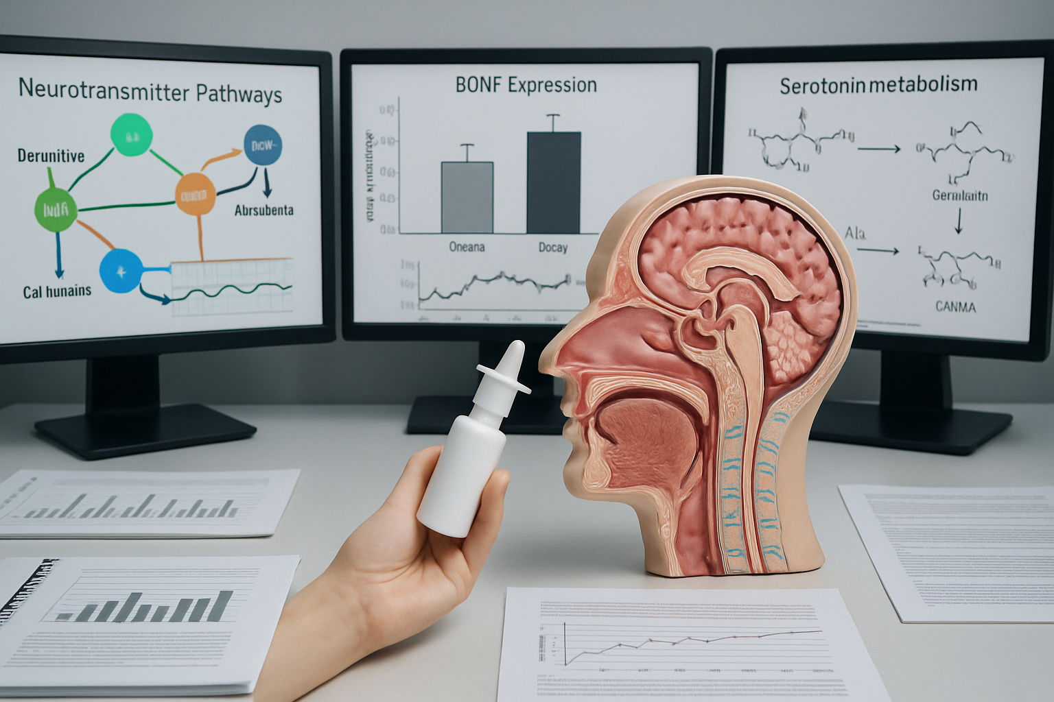 Clinical research setting displaying brain neurotransmitter pathway diagrams, BDNF expression charts, and serotonin metabolism illustrations