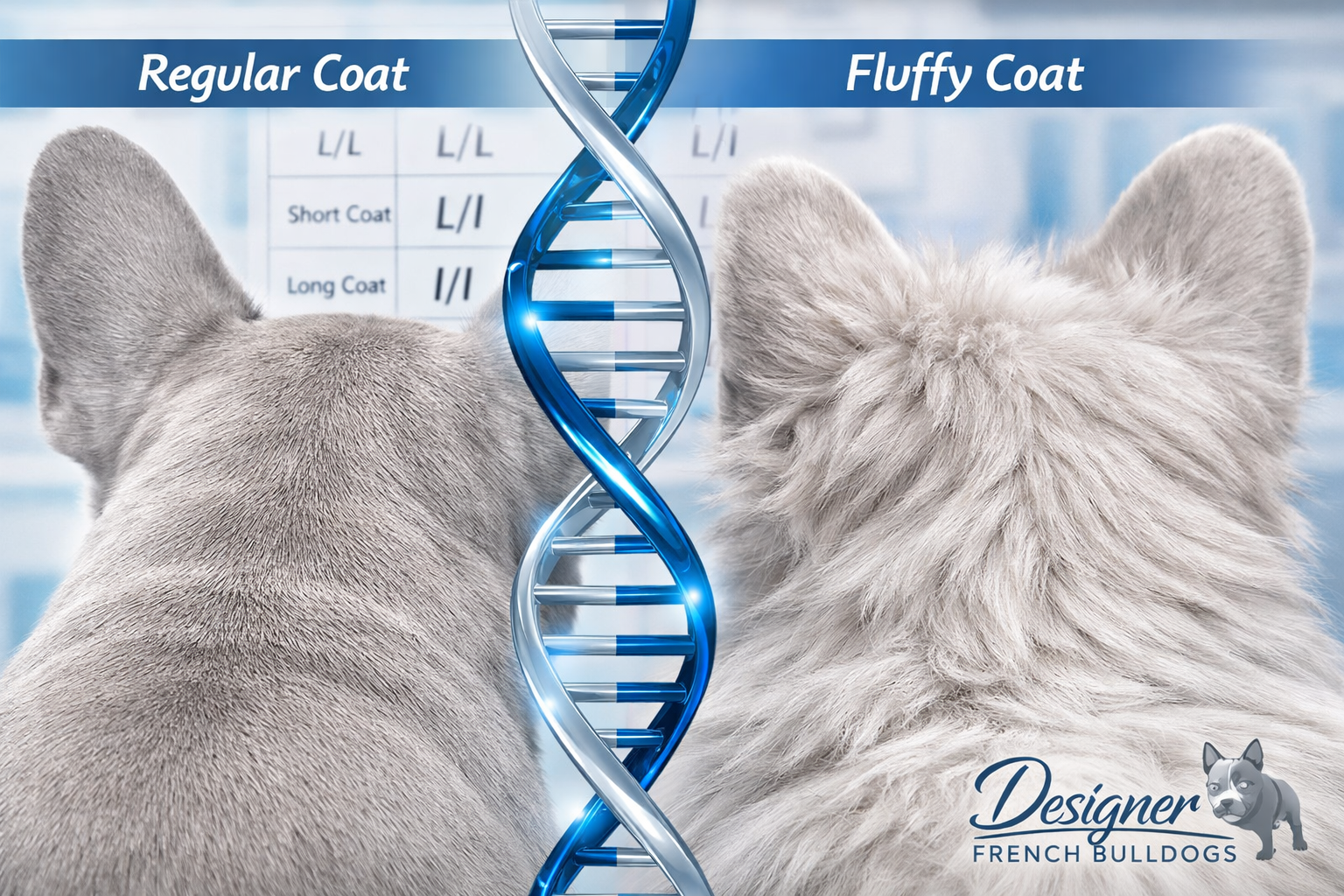 Detailed landscape format (1536x1024) image showing close-up of platinum fluffy French Bulldog's distinctive coat genetics, split-screen com