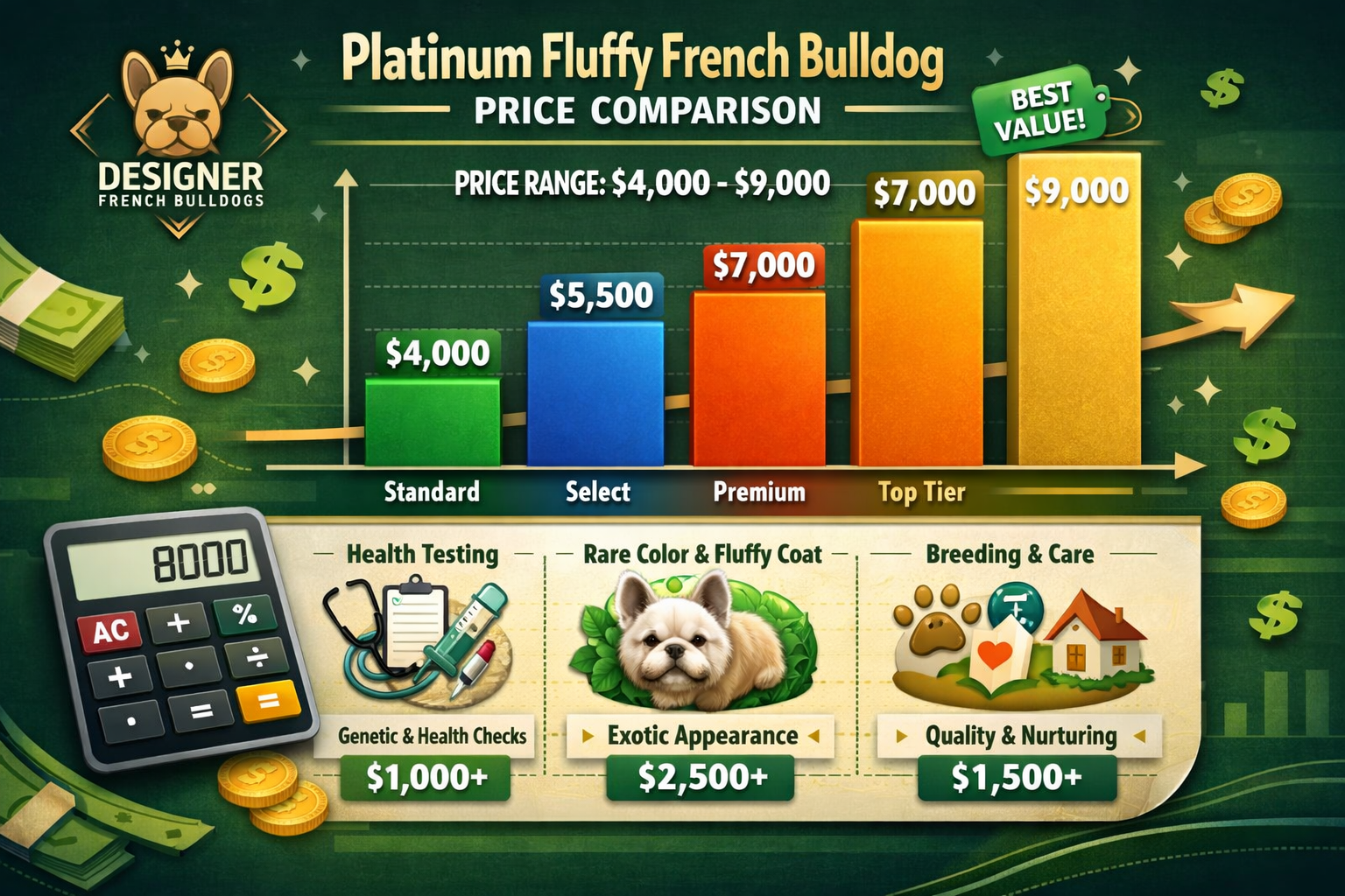 Interactive price comparison chart visualization showing platinum fluffy French Bulldog pricing tiers from $4000-$9000, colorful bar graphs,