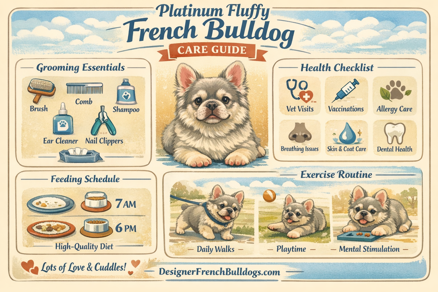 Comprehensive care guide infographic for platinum fluffy French Bulldogs, grooming tools layout, health checklist icons, feeding schedule gr