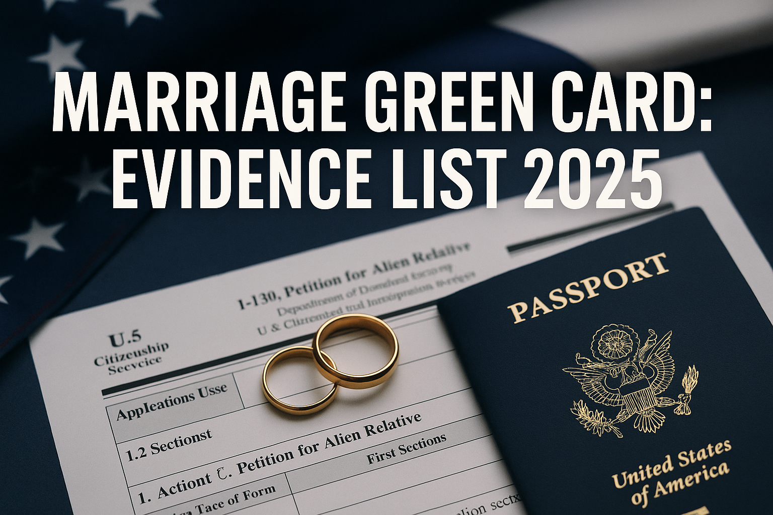 Professional landscape hero image (1536x1024) featuring bold text overlay "Marriage Green Card: Evidence List 2025" in extra large 72pt whit