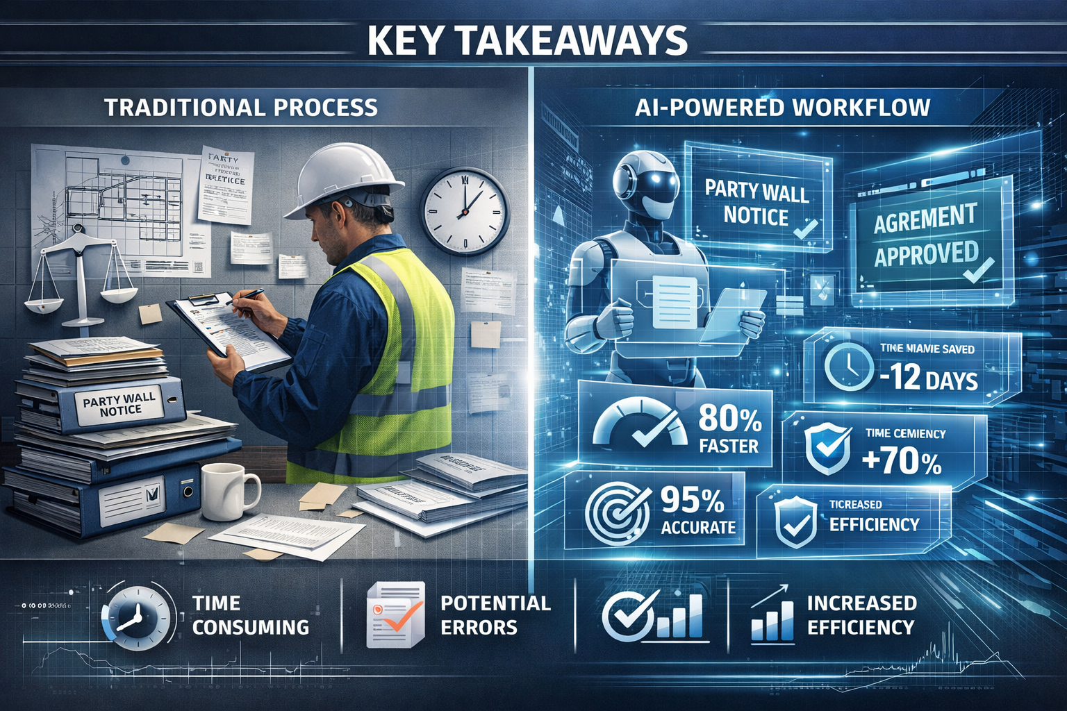Key visual for 'Key Takeaways' section depicting futuristic AI-driven party wall surveying workflow: Split-screen infographic with left side