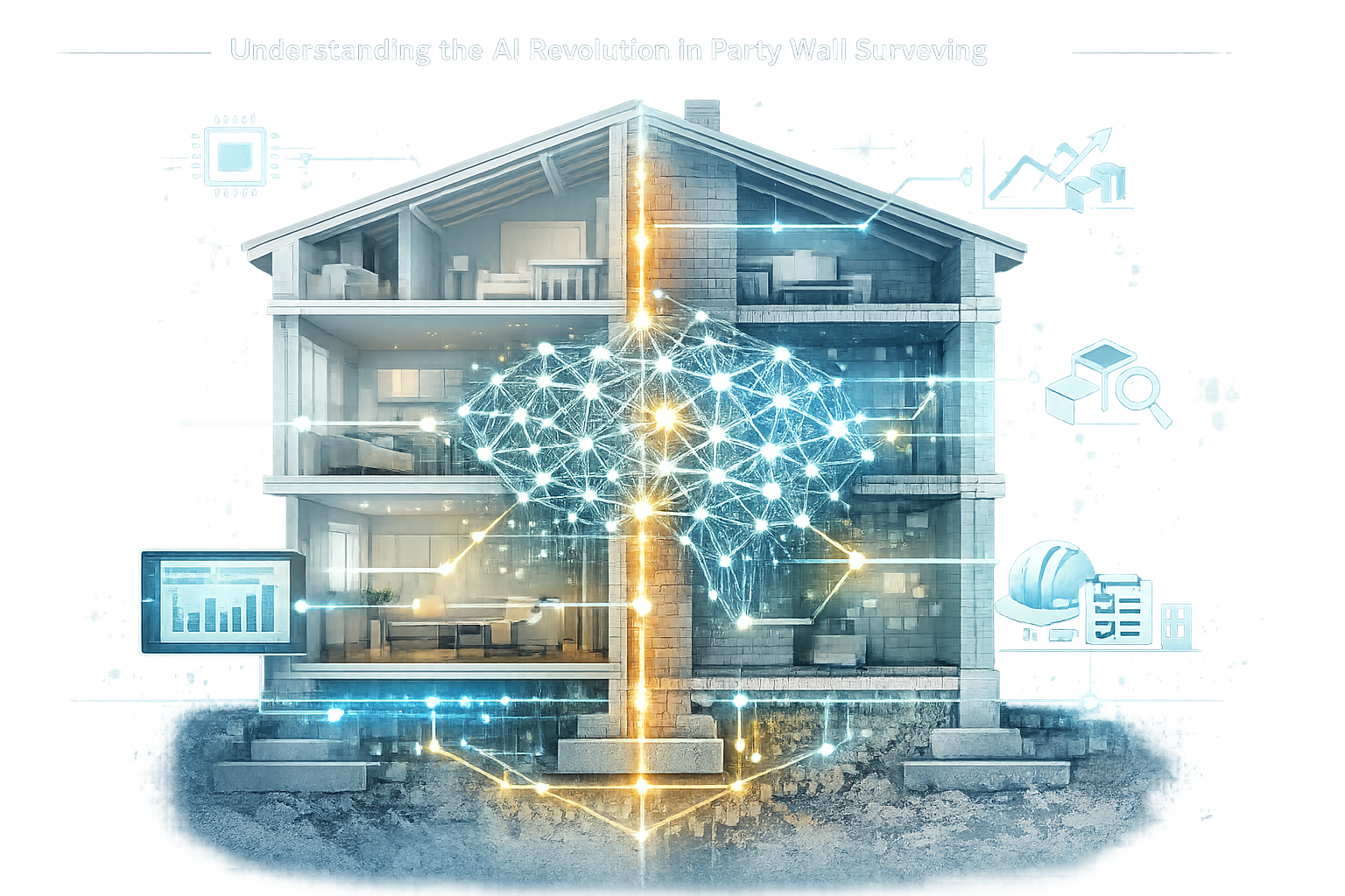 Conceptual illustration for 'Understanding the AI Revolution in Party Wall Surveying' section: Architectural cross-section revealing digital