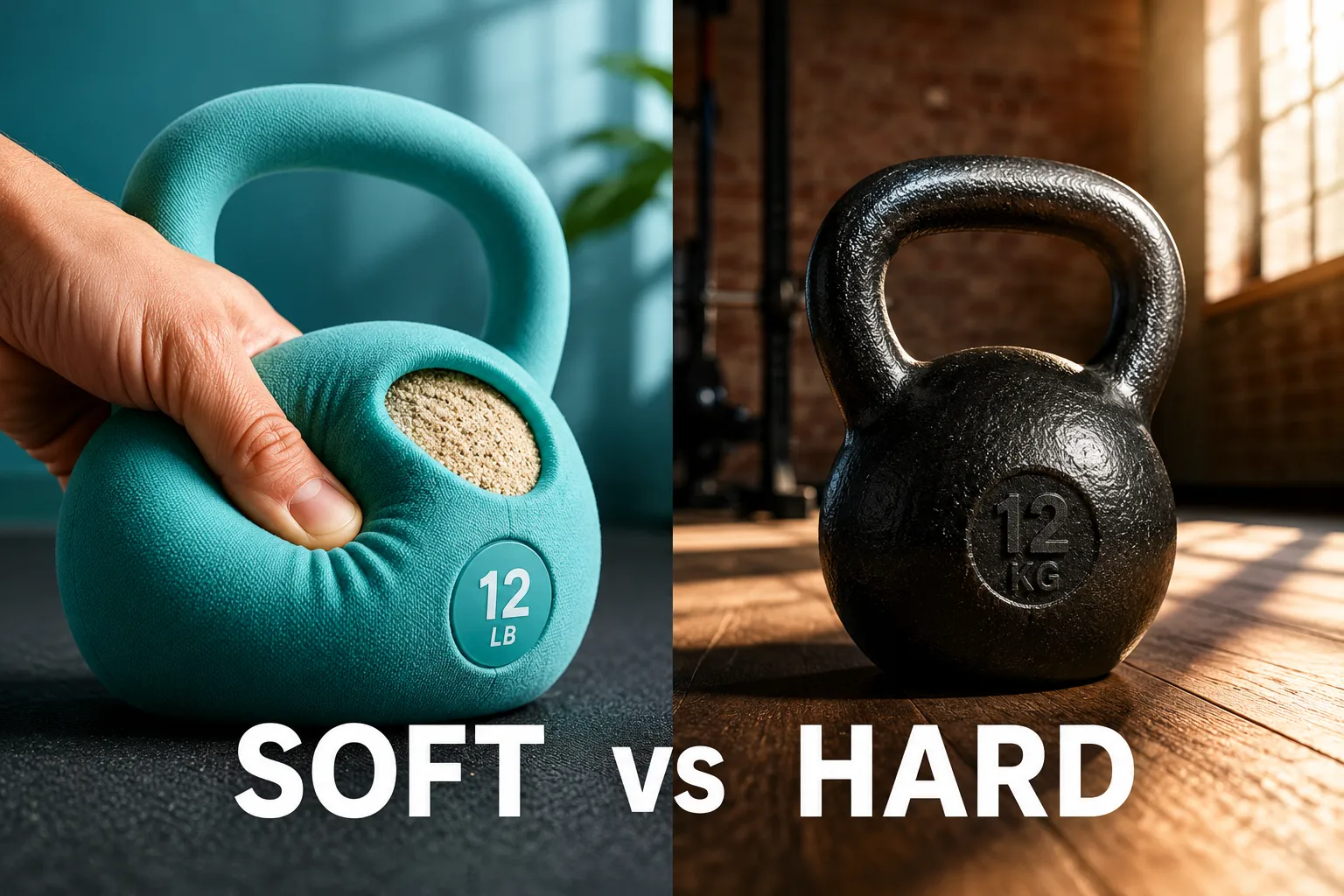 Soft Kettlebell Dumbbell Bright editorial split-screen landscape (1536x1024): left panel shows a close-up of a sand-filled soft kettlebell shell being squeezed by a hand, revealing its pliable neoprene surface in vivid teal, right panel shows a classic cast iron kettlebell on a hardwood gym floor, dramatic daylight from a side window, bold visual contrast between soft and hard, fitness product photography style, warm versus cool tones, magazine-quality composition, short label 'Soft vs Hard' in 4-word bold white sans-serif centered in lower third with 8% safe margins. Soft Kettlebell Dumbbell
