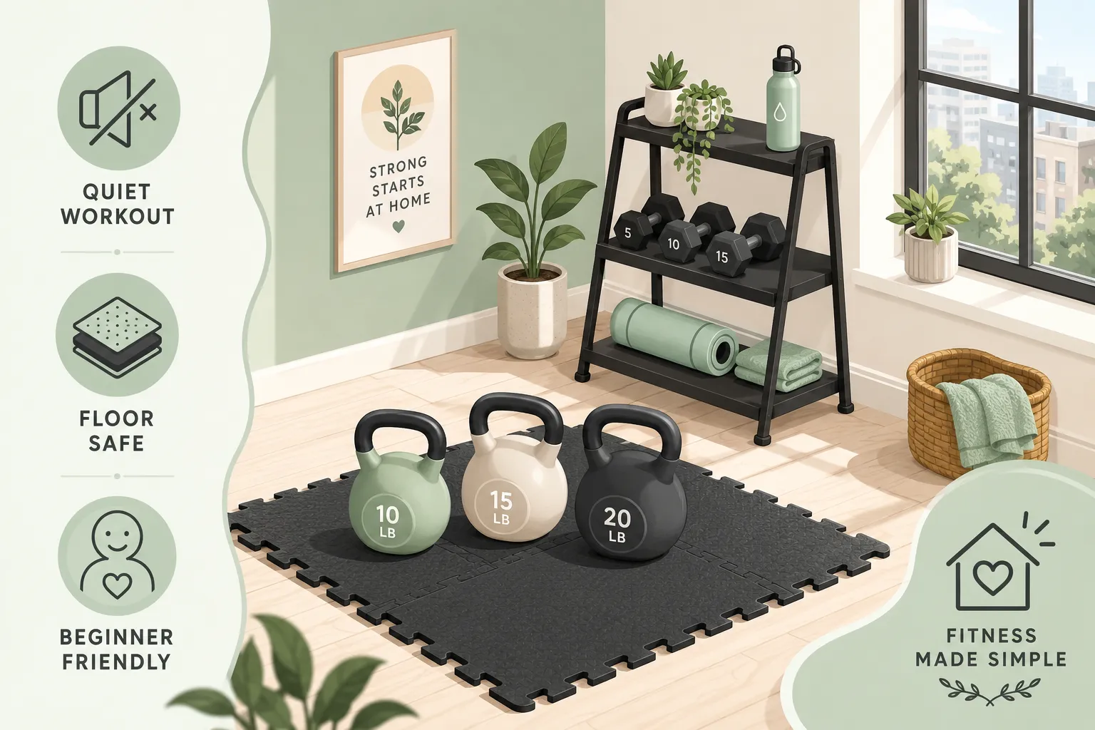 Soft Kettlebell Dumbbell Isometric flat-vector illustration landscape (1536x1024) showing a bright modern home gym corner with soft kettlebells on a foam mat, a minimalist weight rack, and a small apartment window letting in natural light, pastel color palette of mint green, warm white, and charcoal, icons indicating quiet, floor-safe, and beginner-friendly features as 3-word labels with generous padding, Pinterest-worthy infographic aesthetic, clean vector lines, no tables or pricing grids, save-worthy fitness infographic style. Quiet, Apartment-Friendly, and Beginner-Approved