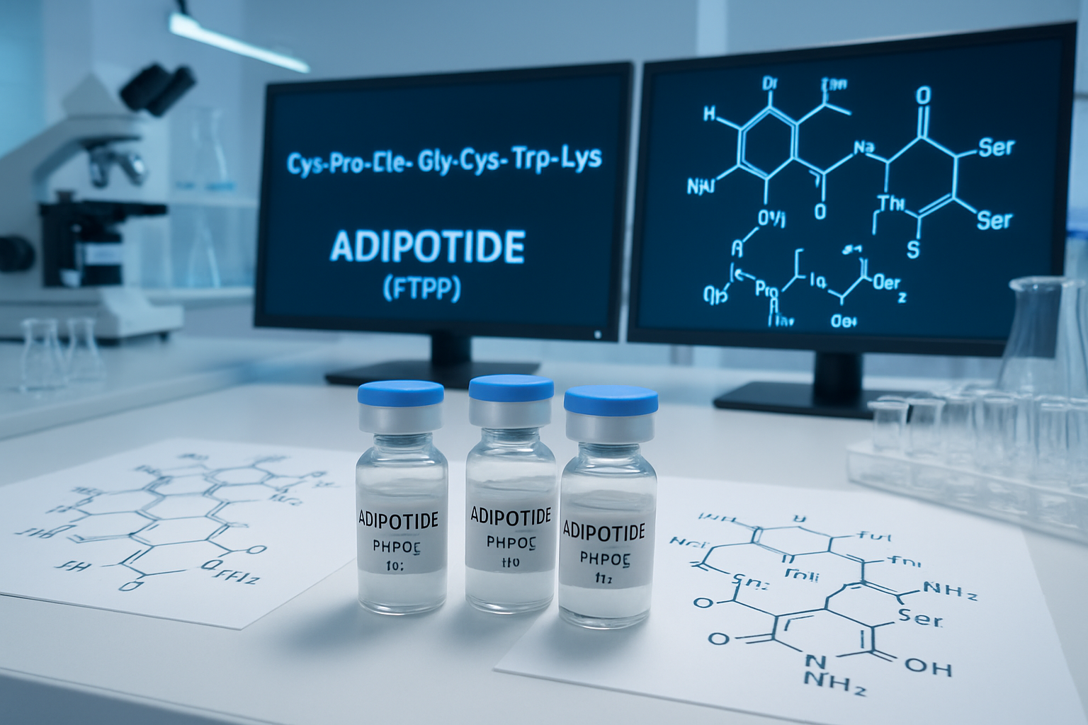 Scientific laboratory scene showing adipotide FTPP peptide vials and molecular structure diagrams on research bench, with digital displays s
