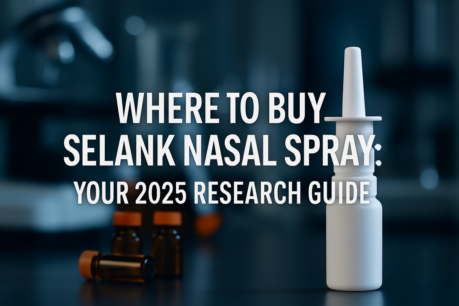 Professional landscape hero image (1536x1024) with bold text overlay: 'Where to Buy Selank Nasal Spray: Your 2025 Research Guide', modern sa