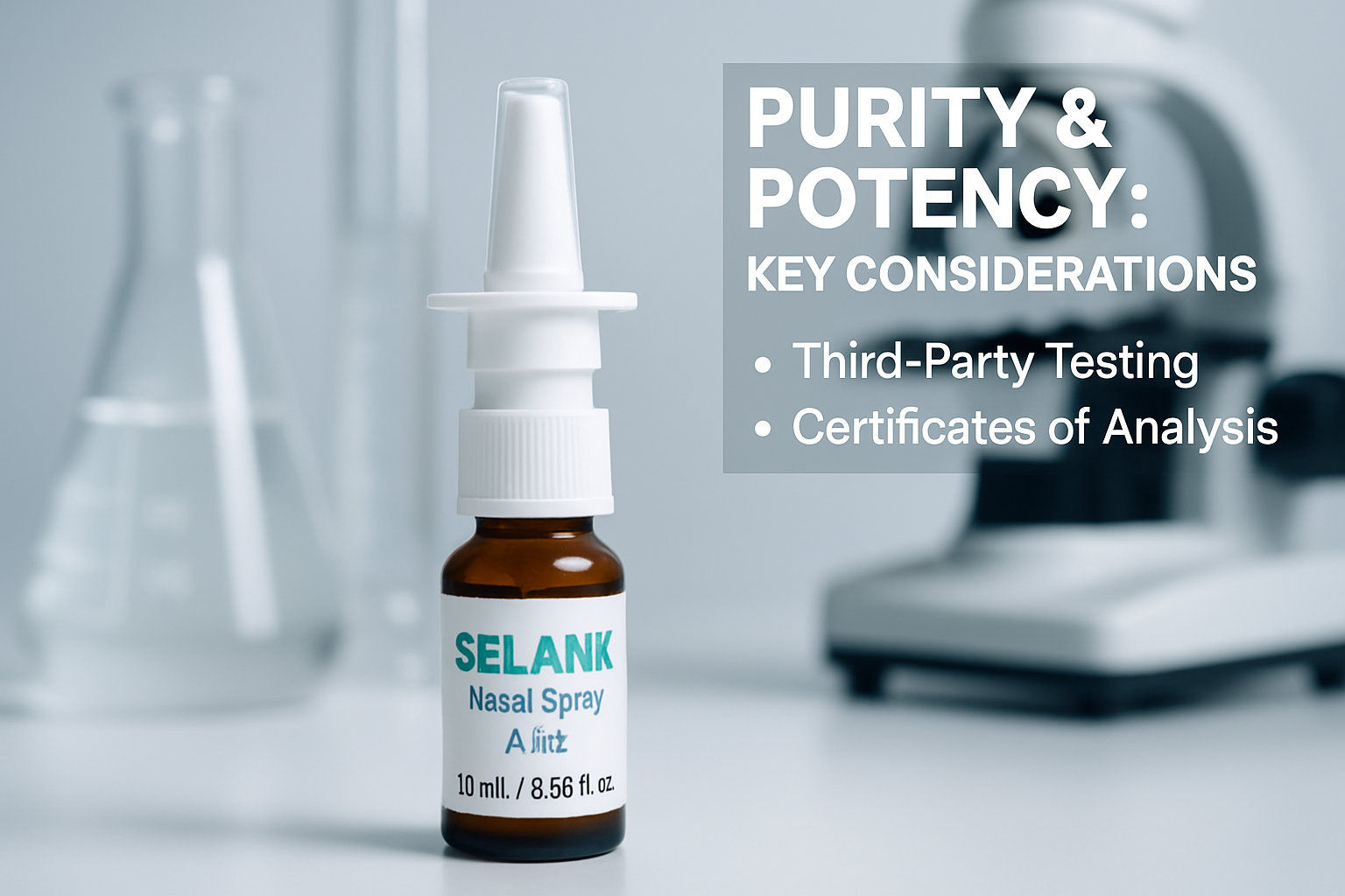 A close-up, editorial quality image (1536x1024) depicting a Selank nasal spray bottle in a sterile laboratory setting, with scientific glass