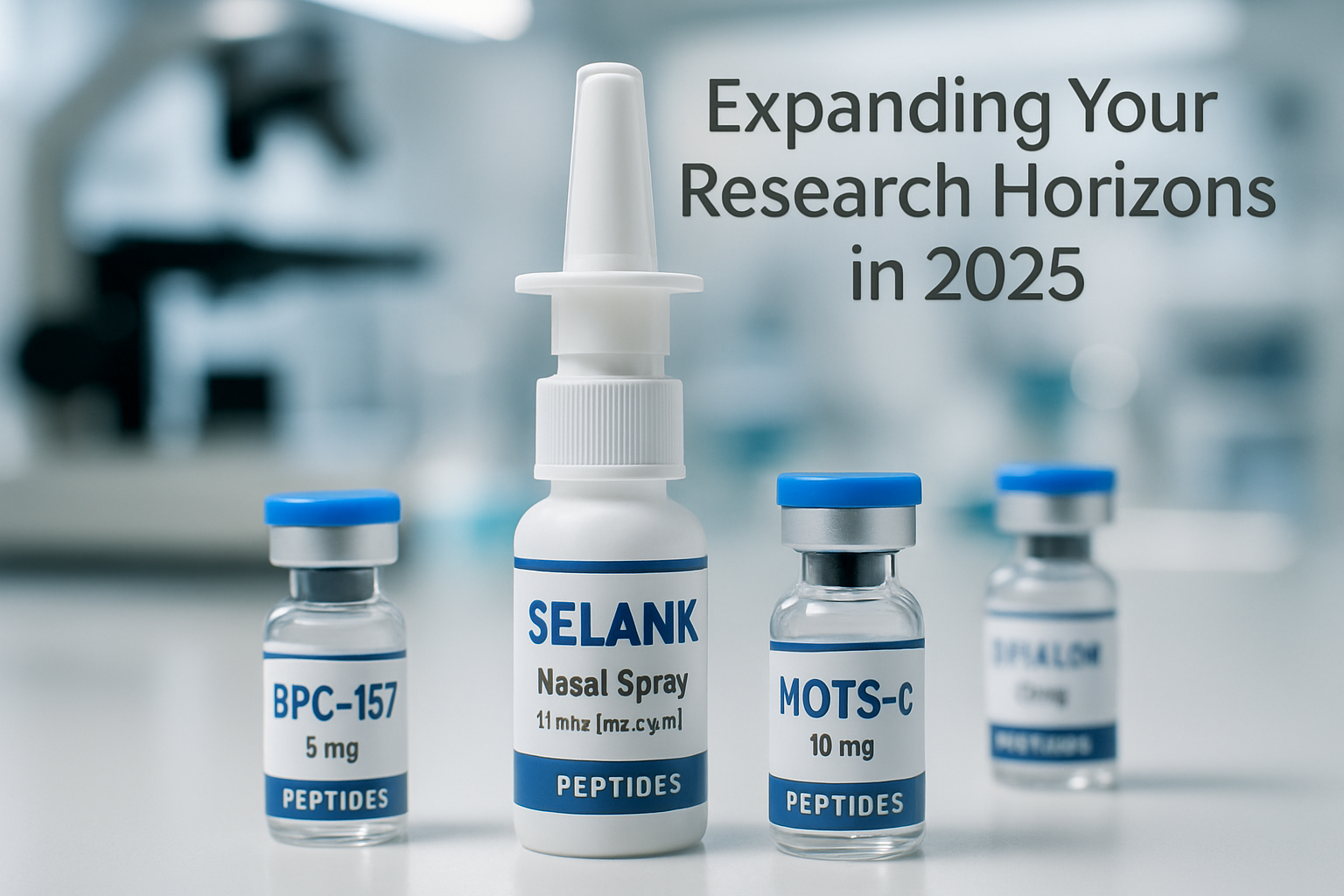 A detailed, vibrant image (1536x1024) showcasing various peptide research products, including a Selank nasal spray bottle, alongside small, 