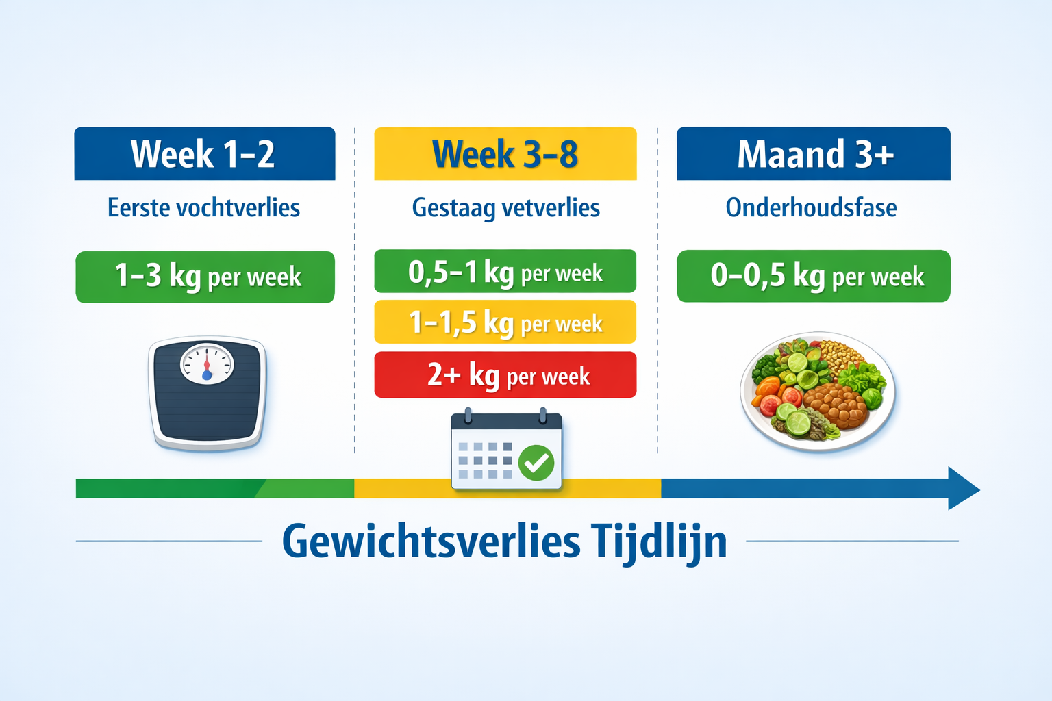 Detailed infographic illustration (1536x1024) showing realistic weight loss timeline with three distinct phases marked on horizontal timelin