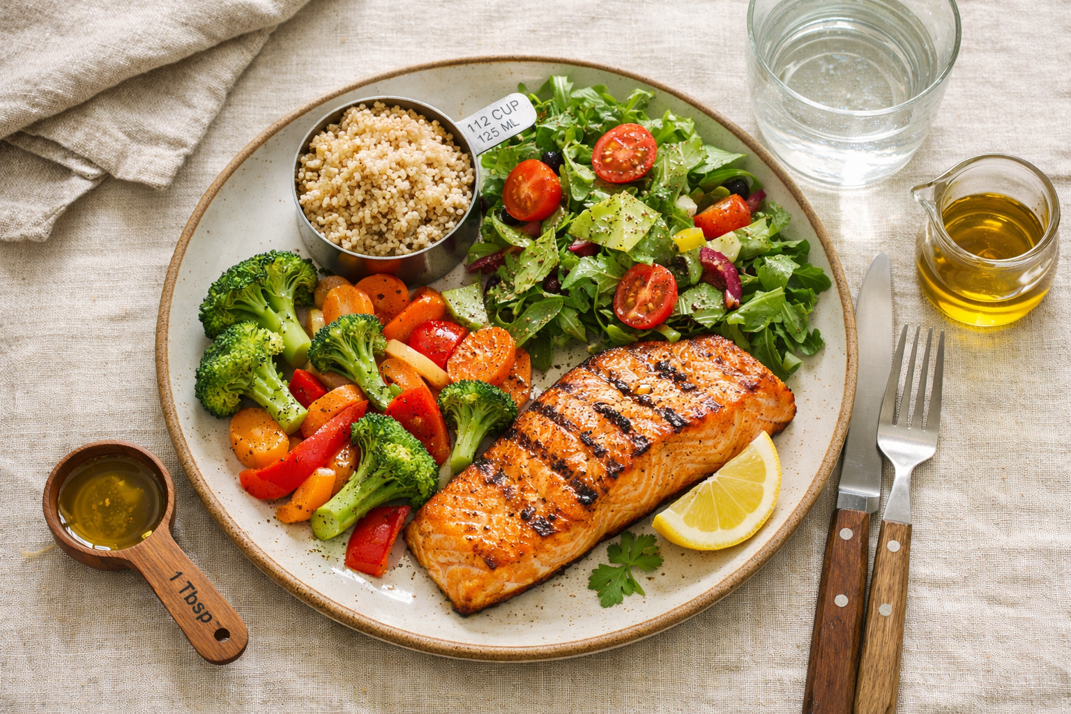 Landscape editorial photograph (1536x1024) depicting balanced nutritious meal on ceramic plate: grilled salmon fillet, colorful roasted vege