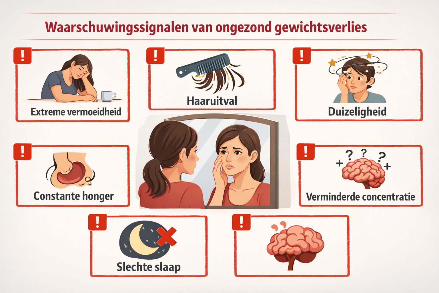 Conceptual illustration (1536x1024) showing warning signs of unhealthy weight loss as visual checklist with icons and Dutch text: extreme ve