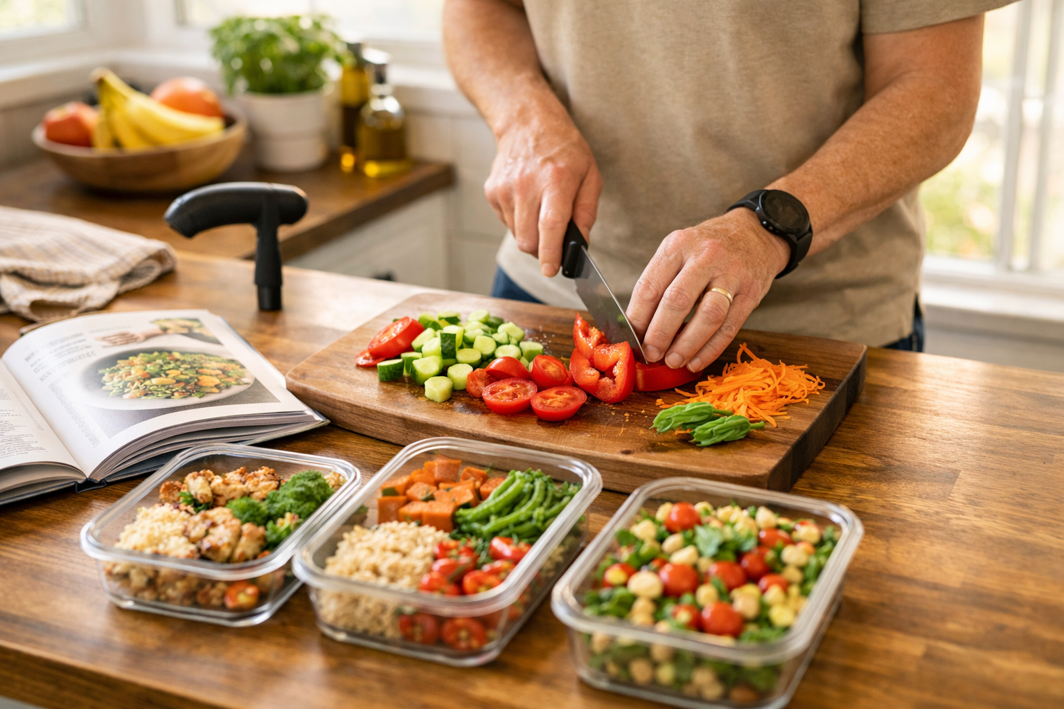 Warm lifestyle photograph (1536x1024) showing person with physical limitation (walking cane visible) preparing healthy meal in accessible ki