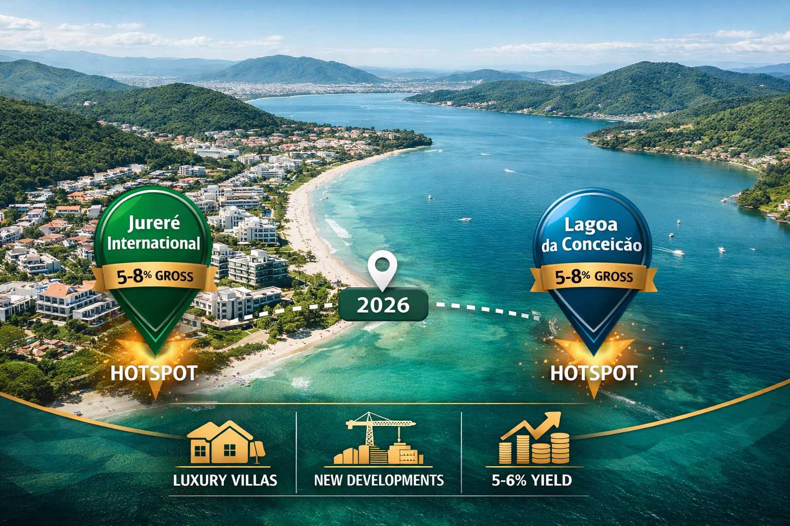 Aerial perspective photograph of Jurere Internacional and Lagoa da Conceição neighborhoods in Florianópolis, Brazil, showing