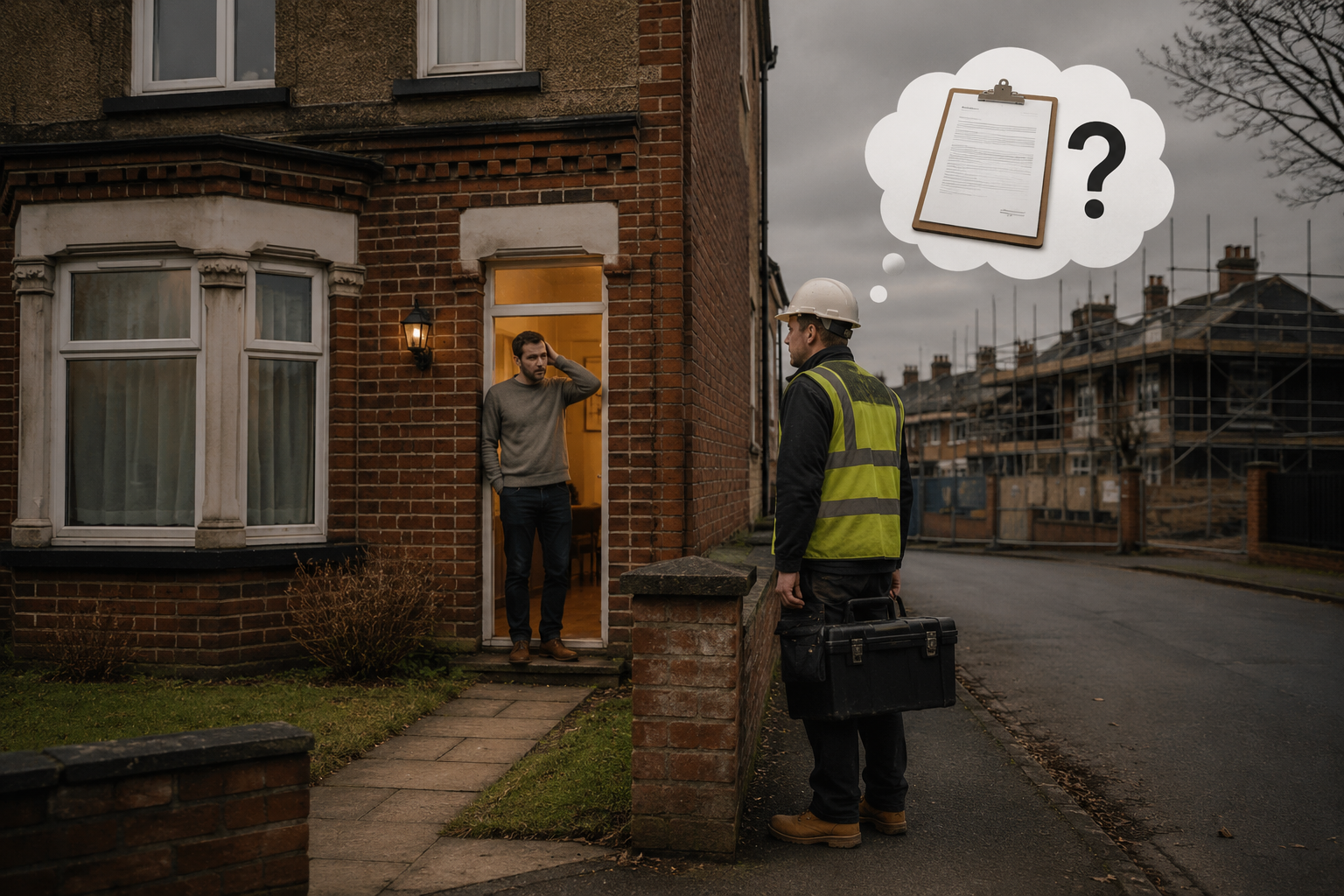 Detailed () editorial illustration showing a UK semi-detached house with a shared party wall, one neighbour standing at the