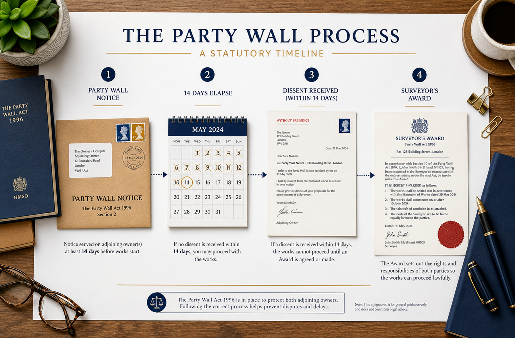 () top-down flat-lay infographic style image showing a formal timeline on a wooden desk: a party wall notice envelope on the