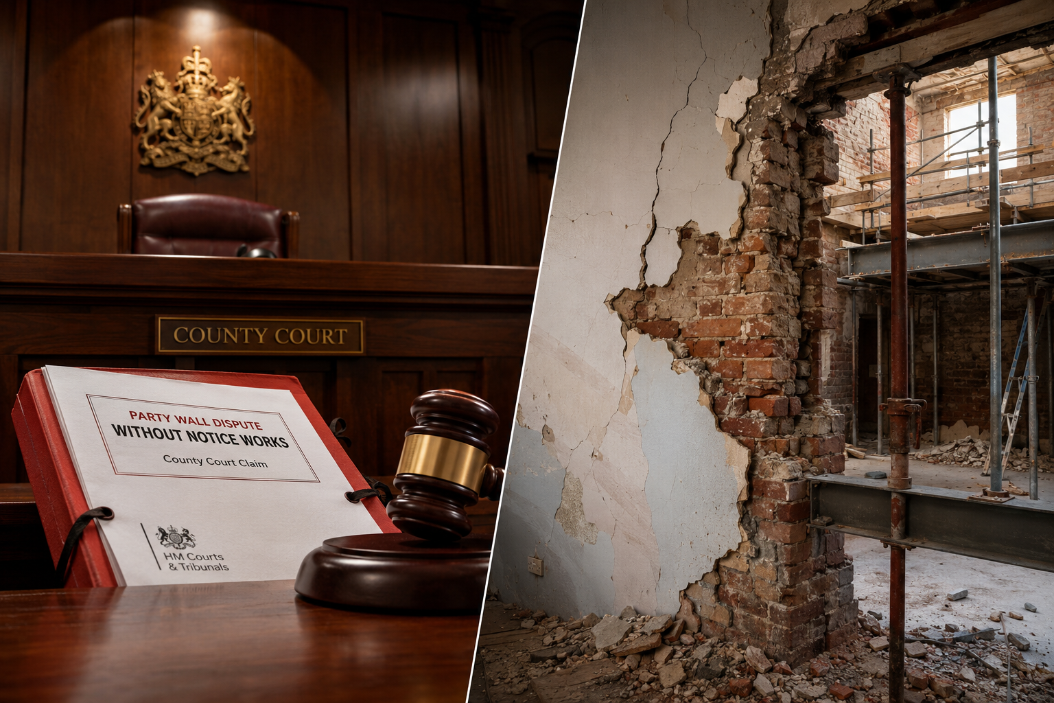 () split-panel courtroom and construction site comparison image: left panel shows a UK county court interior with a judge's