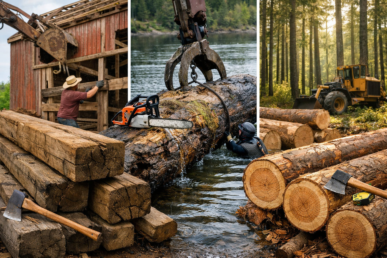 Landscape format (1536x1024) image illustrating the diverse origins of rough-hewn timbers for custom wooden mantels. Show vignettes of a bar