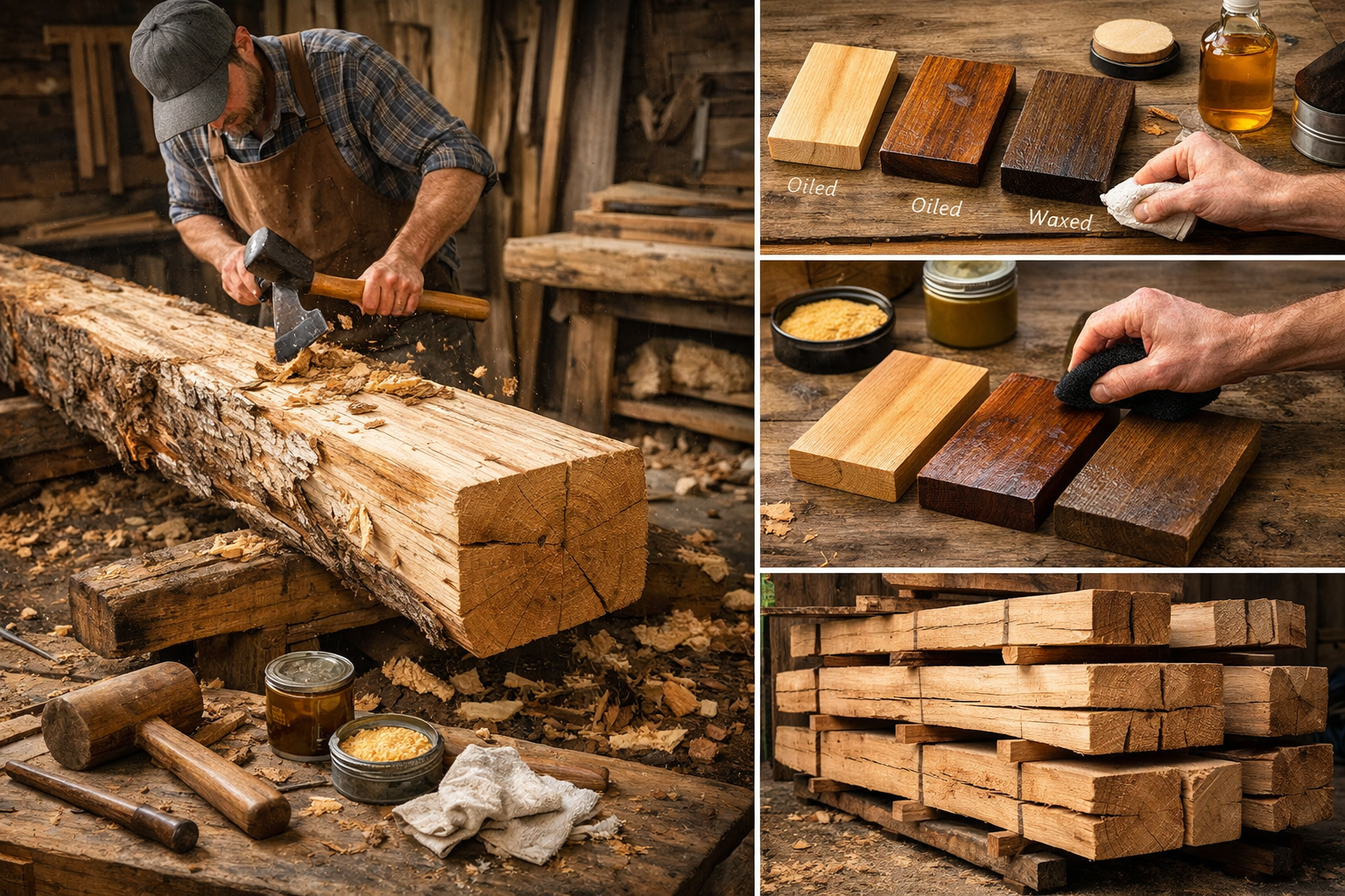 Landscape format (1536x1024) image depicting the process of preparing a rough-hewn timber for a custom wooden mantel. Show a craftsman using