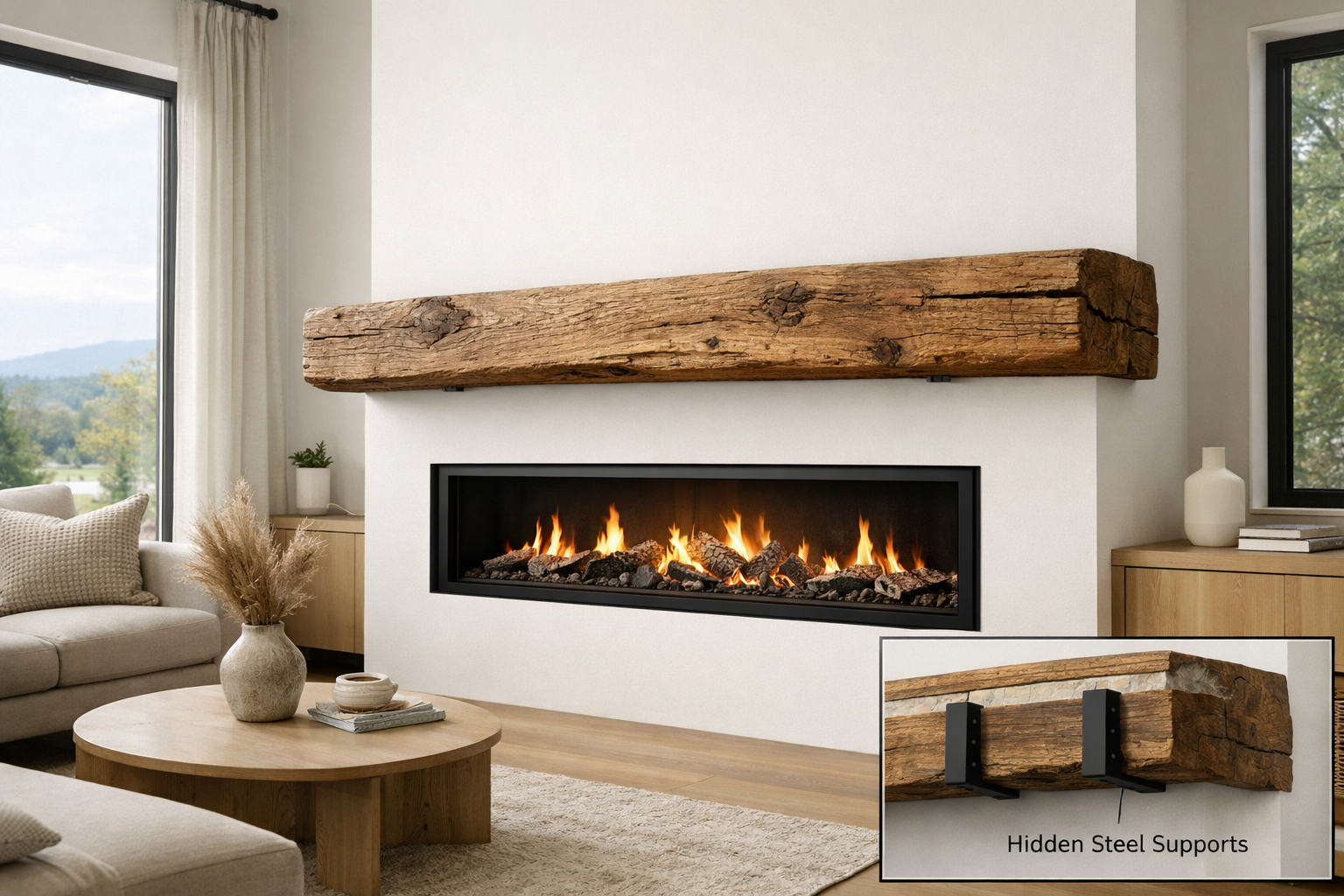 Landscape format (1536x1024) image showcasing the successful integration of a large, custom rough-hewn wooden mantel with a contemporary lin